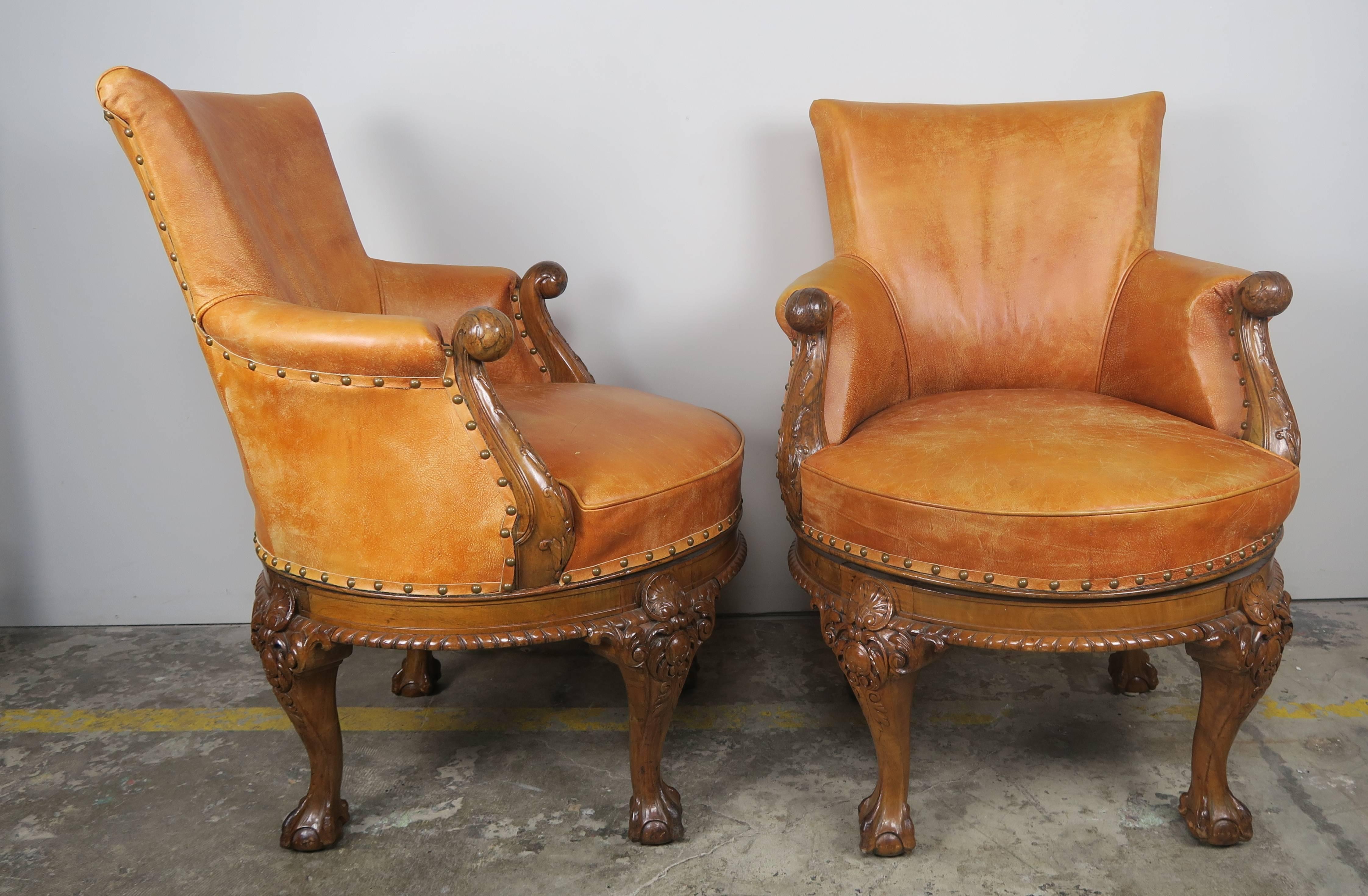 Carved Pair of George II Style Walnut Swivel Library Chairs