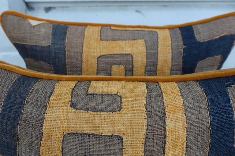 Pair Of African Kuba Cloth Pillows With Velvet Backs At 1stdibs