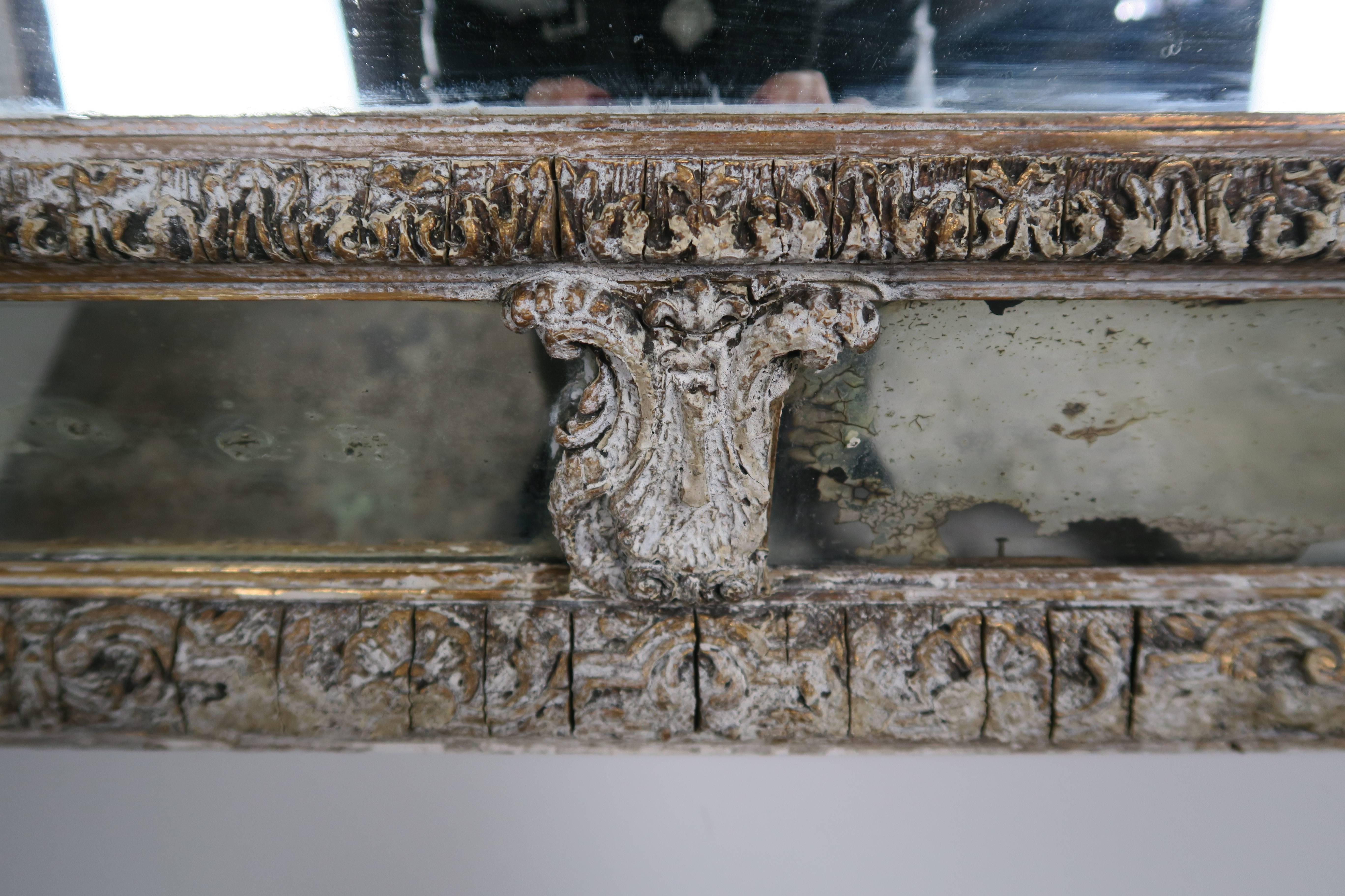 19th Century French Carved Painted Mirror In Distressed Condition In Los Angeles, CA