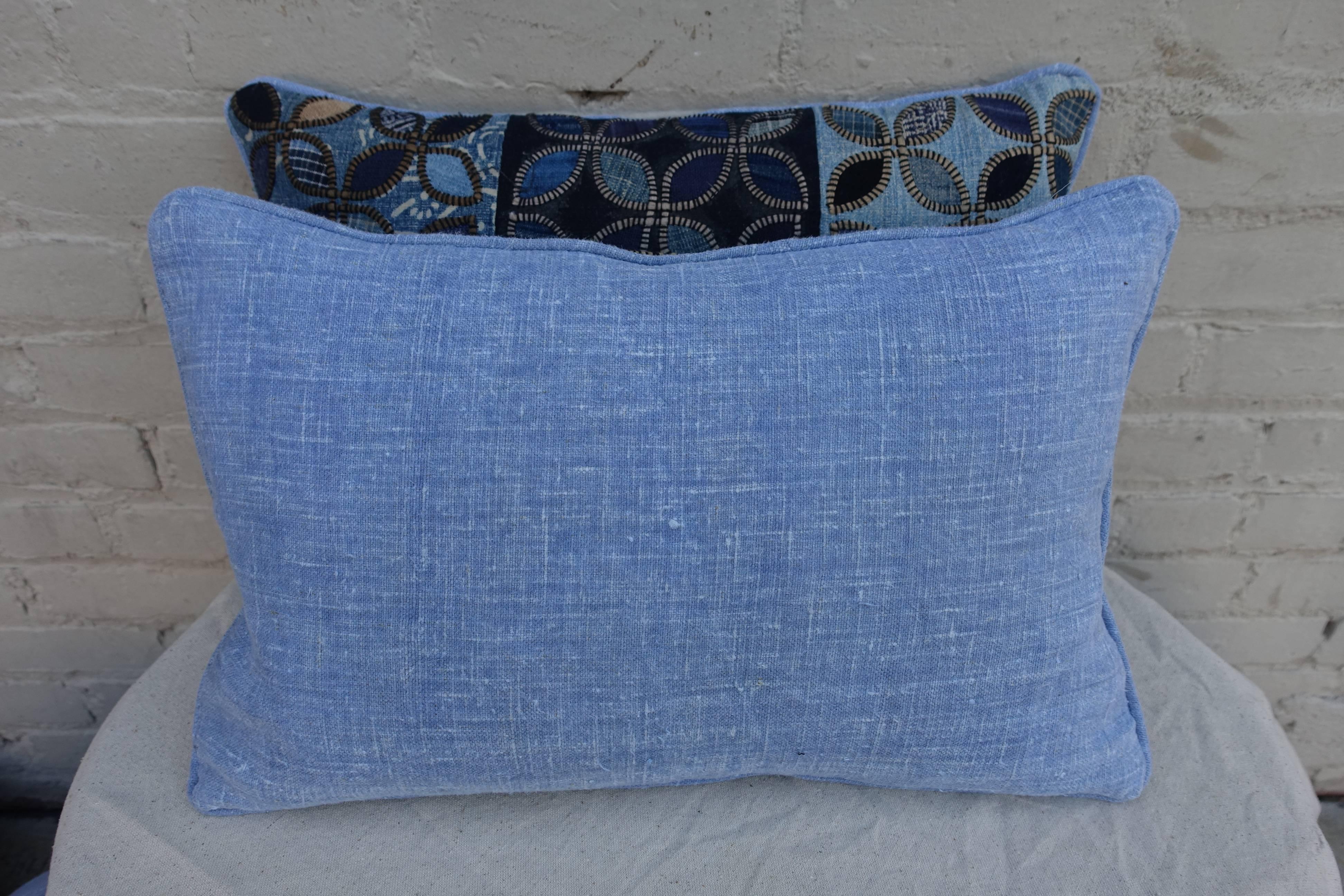 Unknown Pair of Blue Quilted Floral Pillows with Linen Backs
