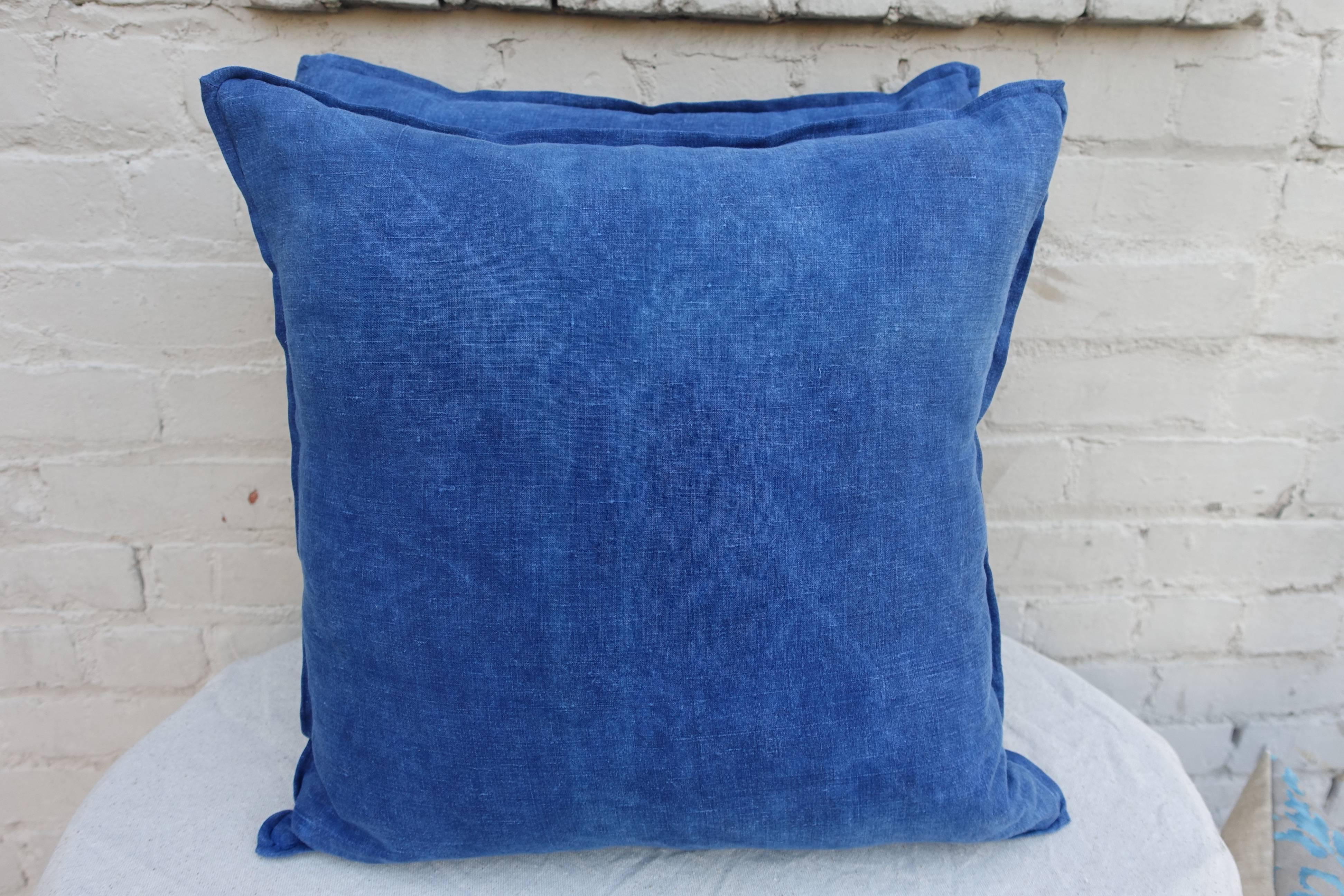 Pair of Custom Blue Quilted Square Shaped Pillows In Excellent Condition In Los Angeles, CA