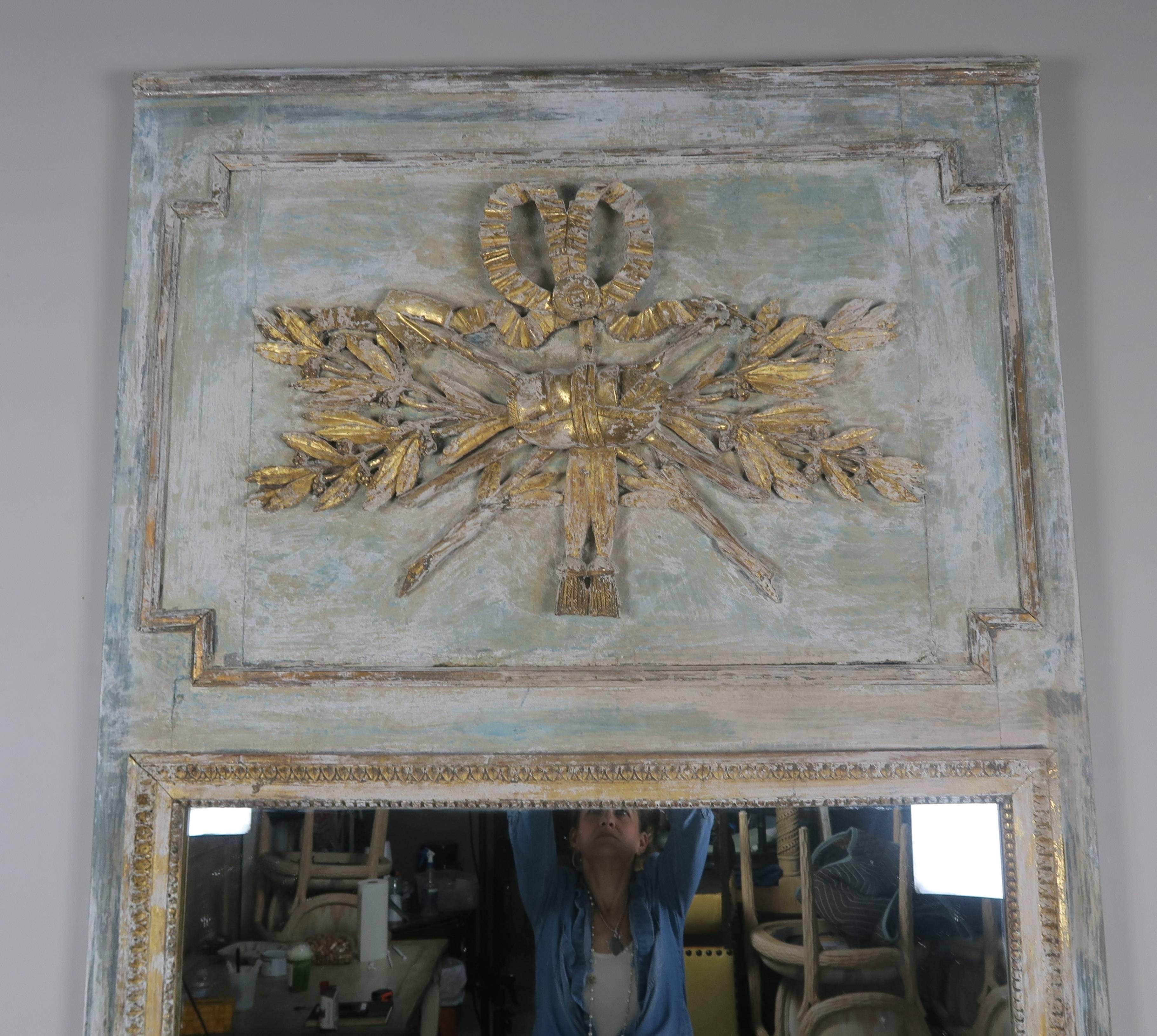 Louis XV 19th Century French Painted and Parcel-Gilt Trumeau Mirror