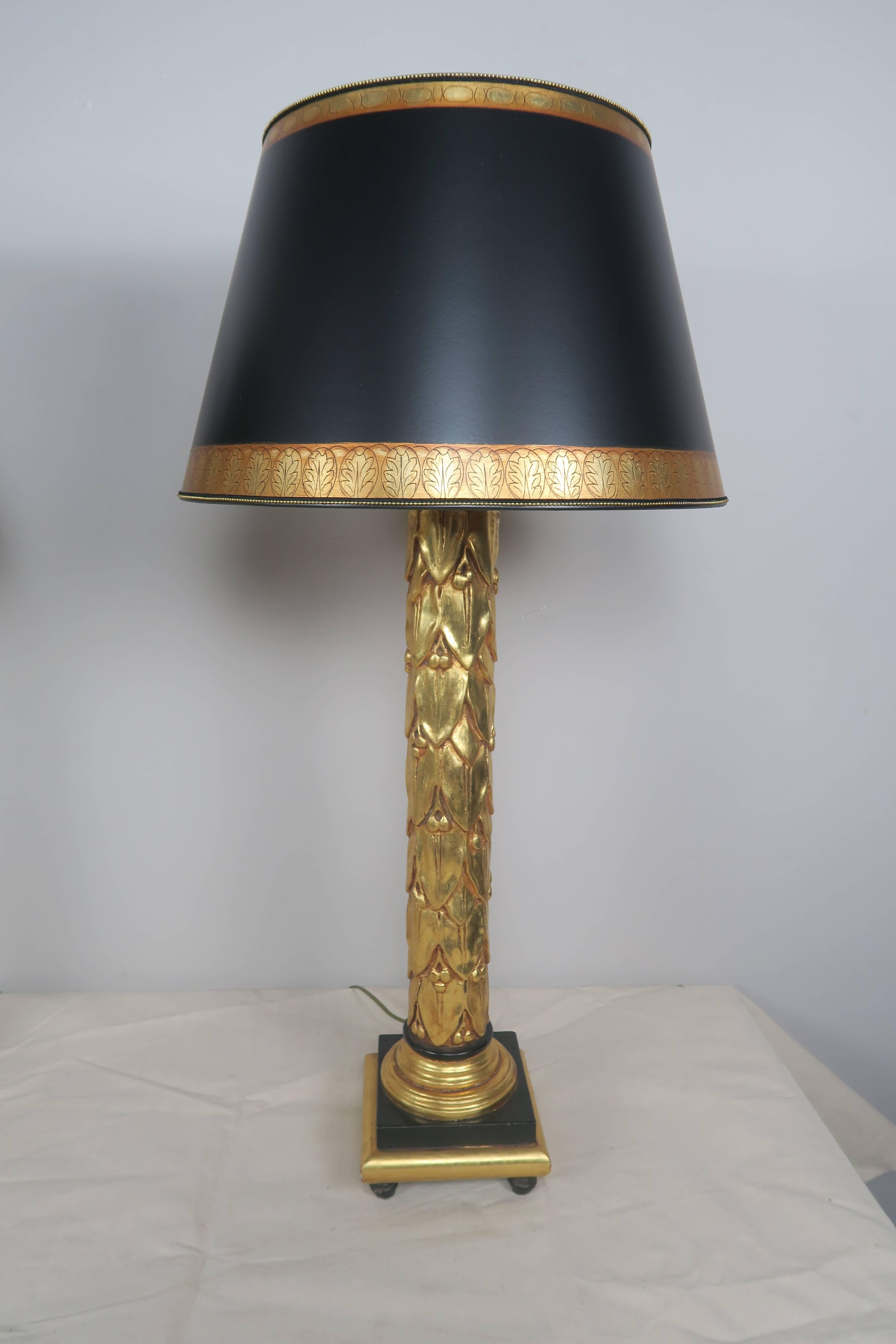 American Neoclassical Style 22-Karat Gold Leaf and Black Lamps with Parchment Shades Pair