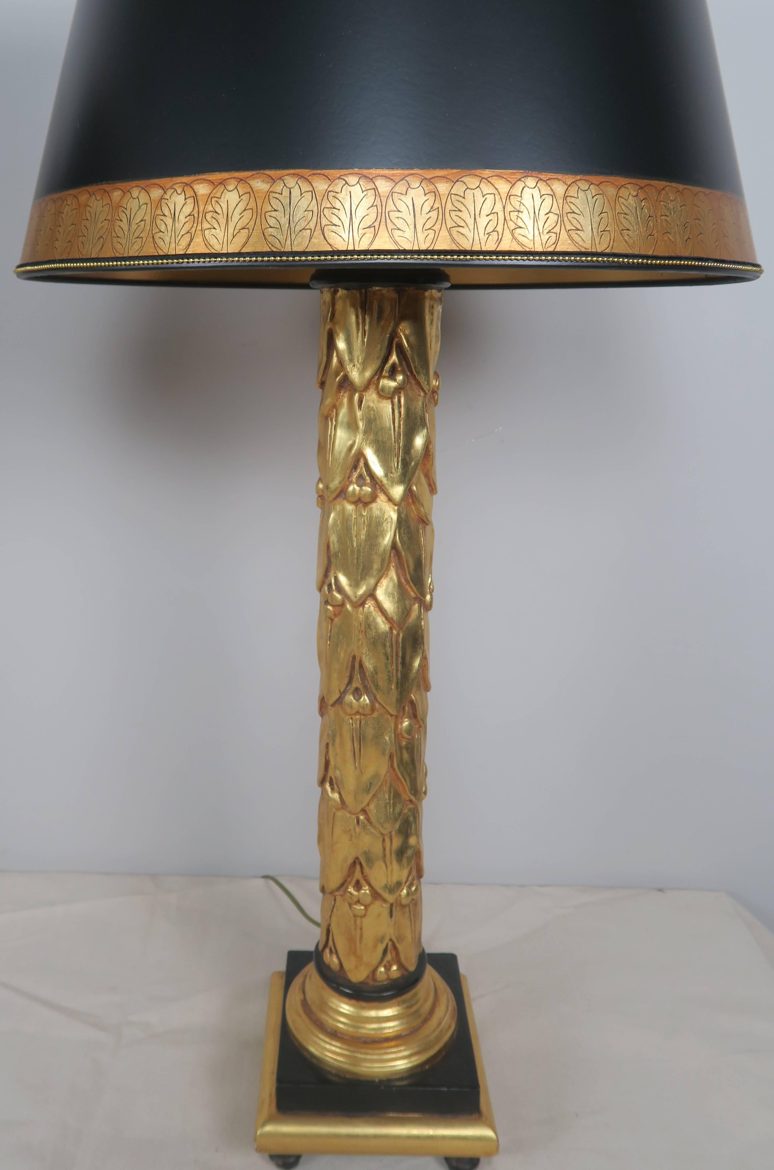 Hand-Painted Neoclassical Style 22-Karat Gold Leaf and Black Lamps with Parchment Shades Pair