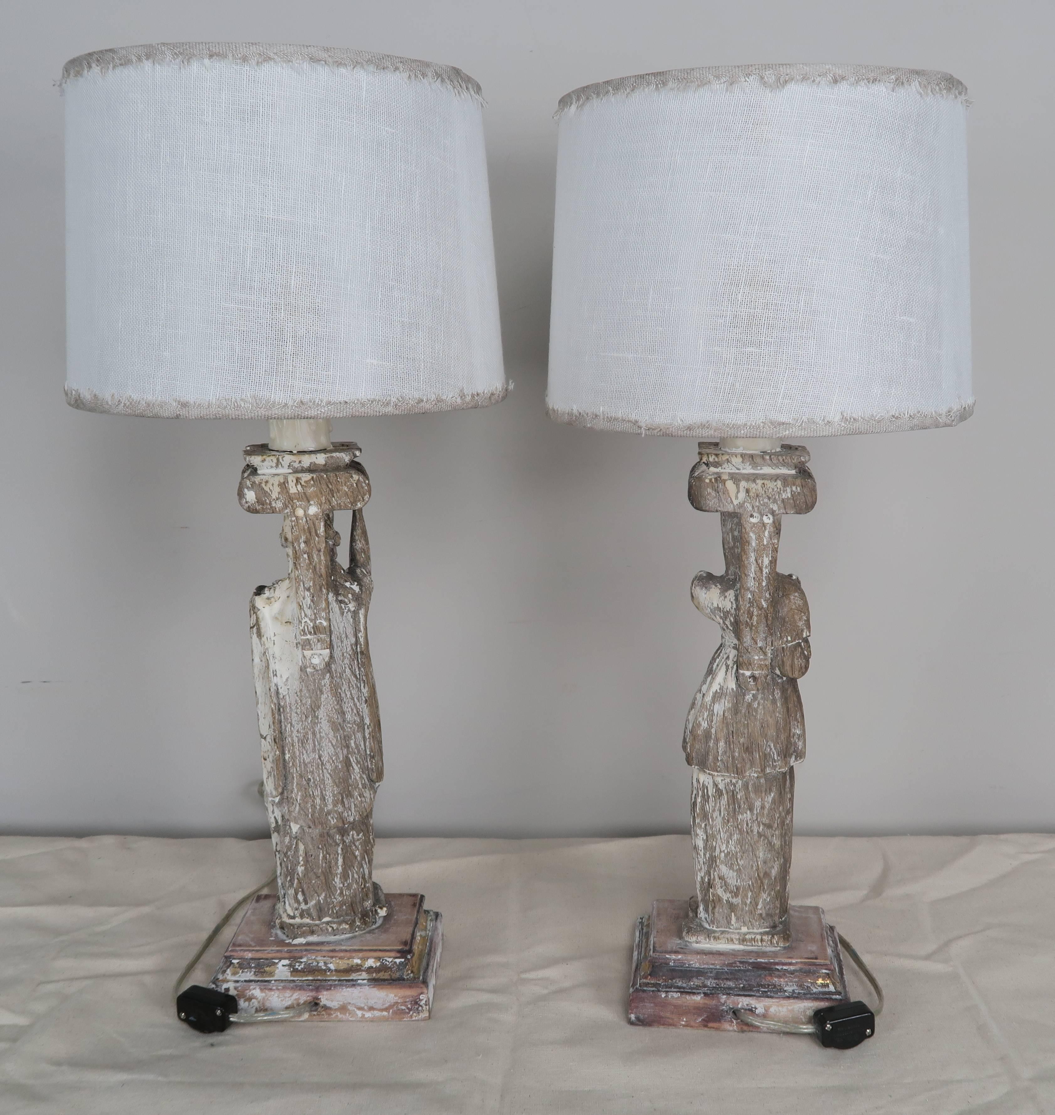 19th Century Neoclassical Figural Painted Lamps with Linen Shades In Distressed Condition In Los Angeles, CA