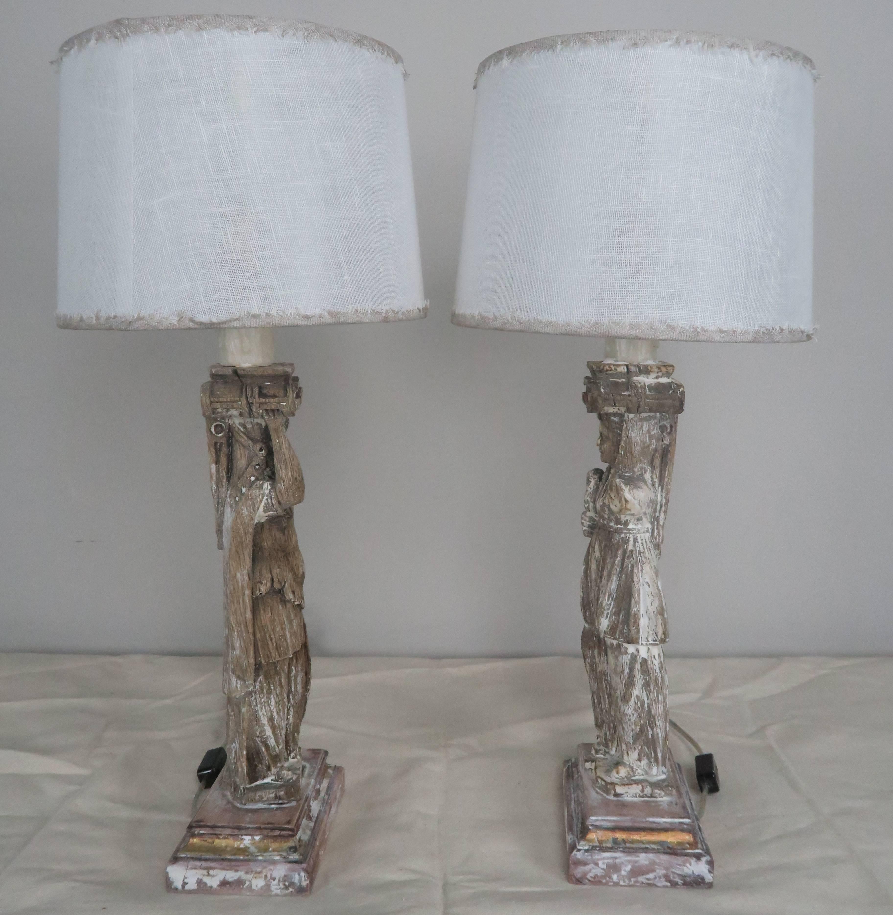 Italian 19th Century Neoclassical Figural Painted Lamps with Linen Shades