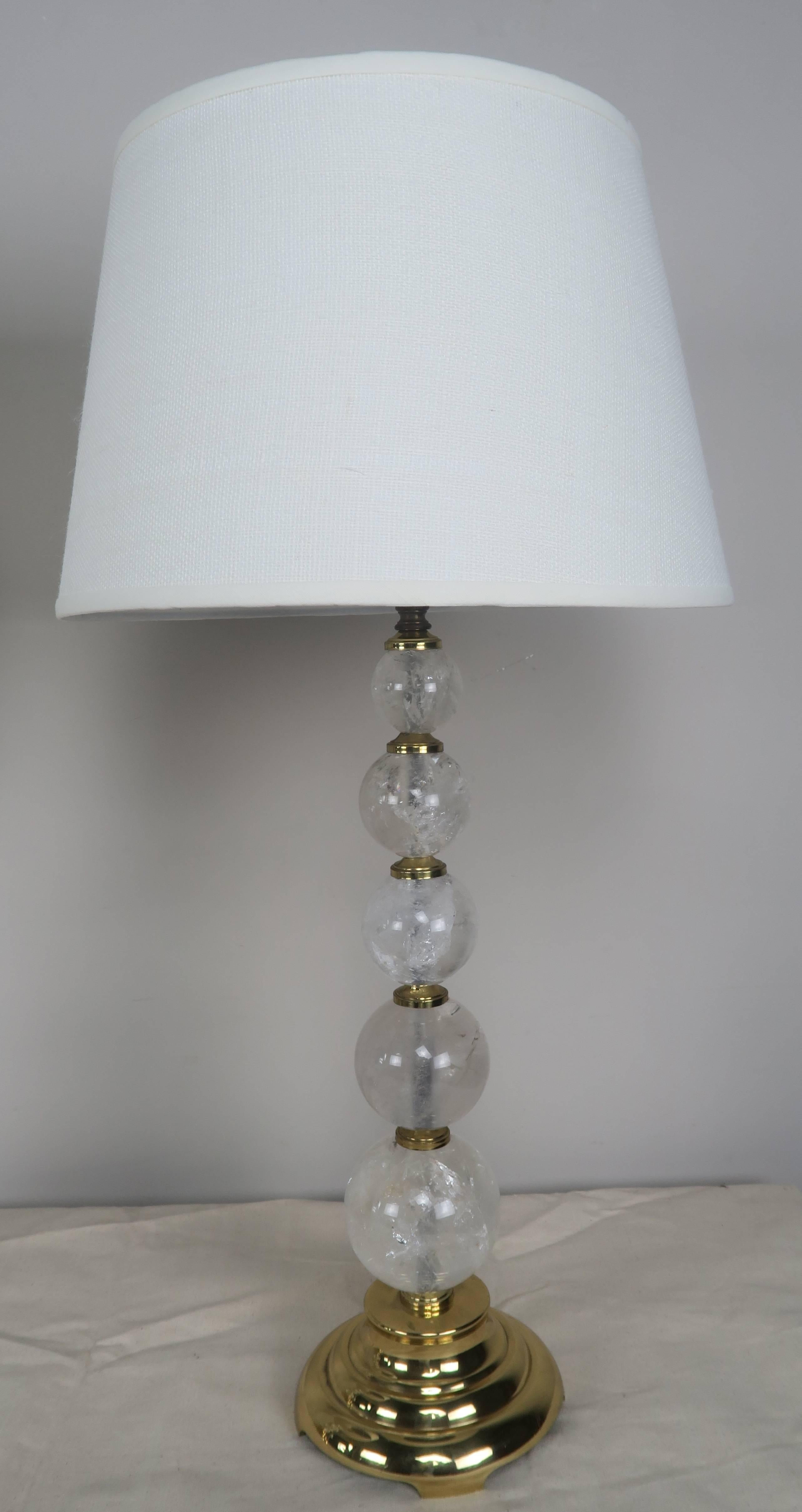 Mid-Century Modern Rock Crystal and Polished Brass Lamps with Linen Shades For Sale