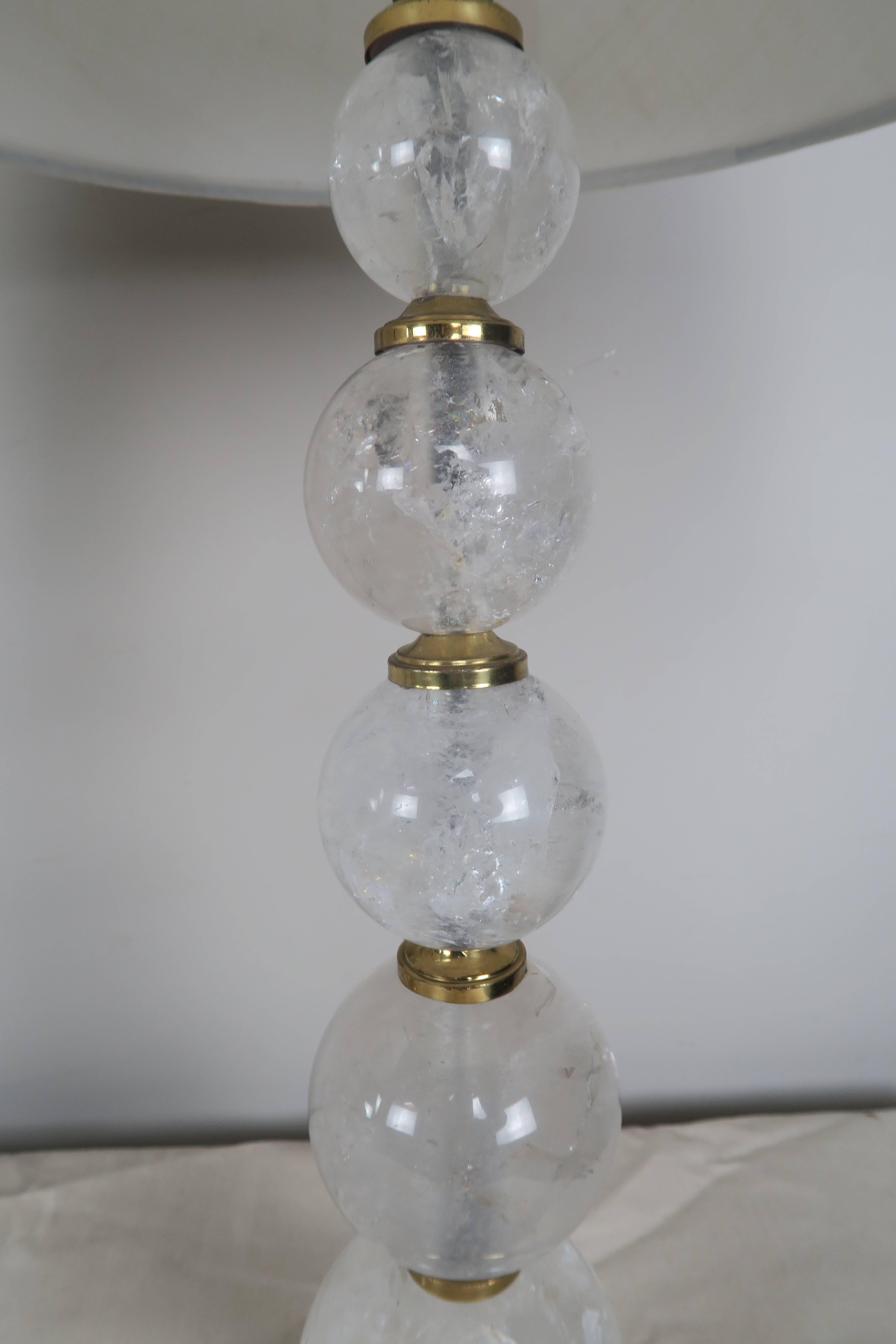 American Rock Crystal and Polished Brass Lamps with Linen Shades For Sale