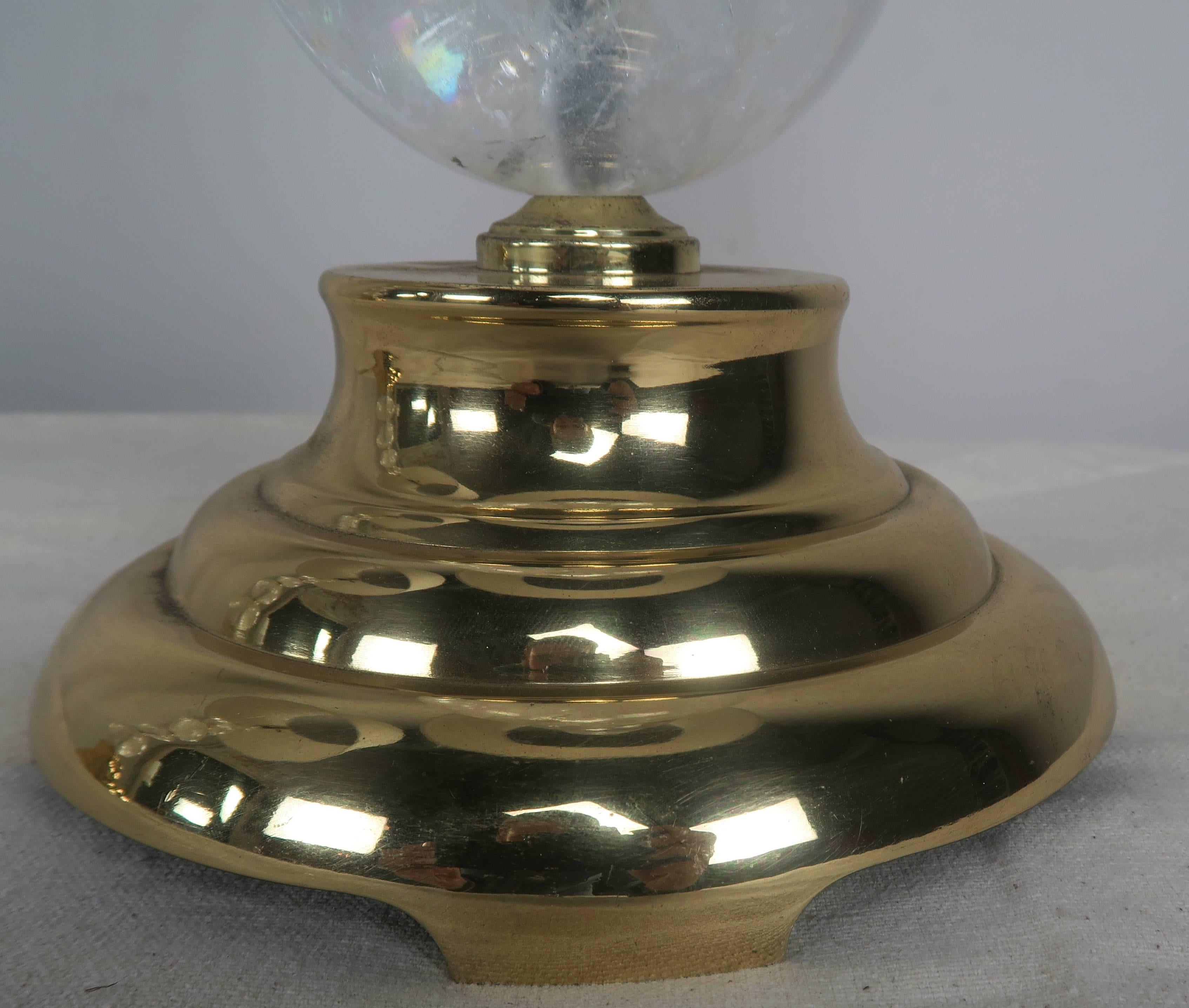 Rock Crystal and Polished Brass Lamps with Linen Shades In Excellent Condition For Sale In Los Angeles, CA
