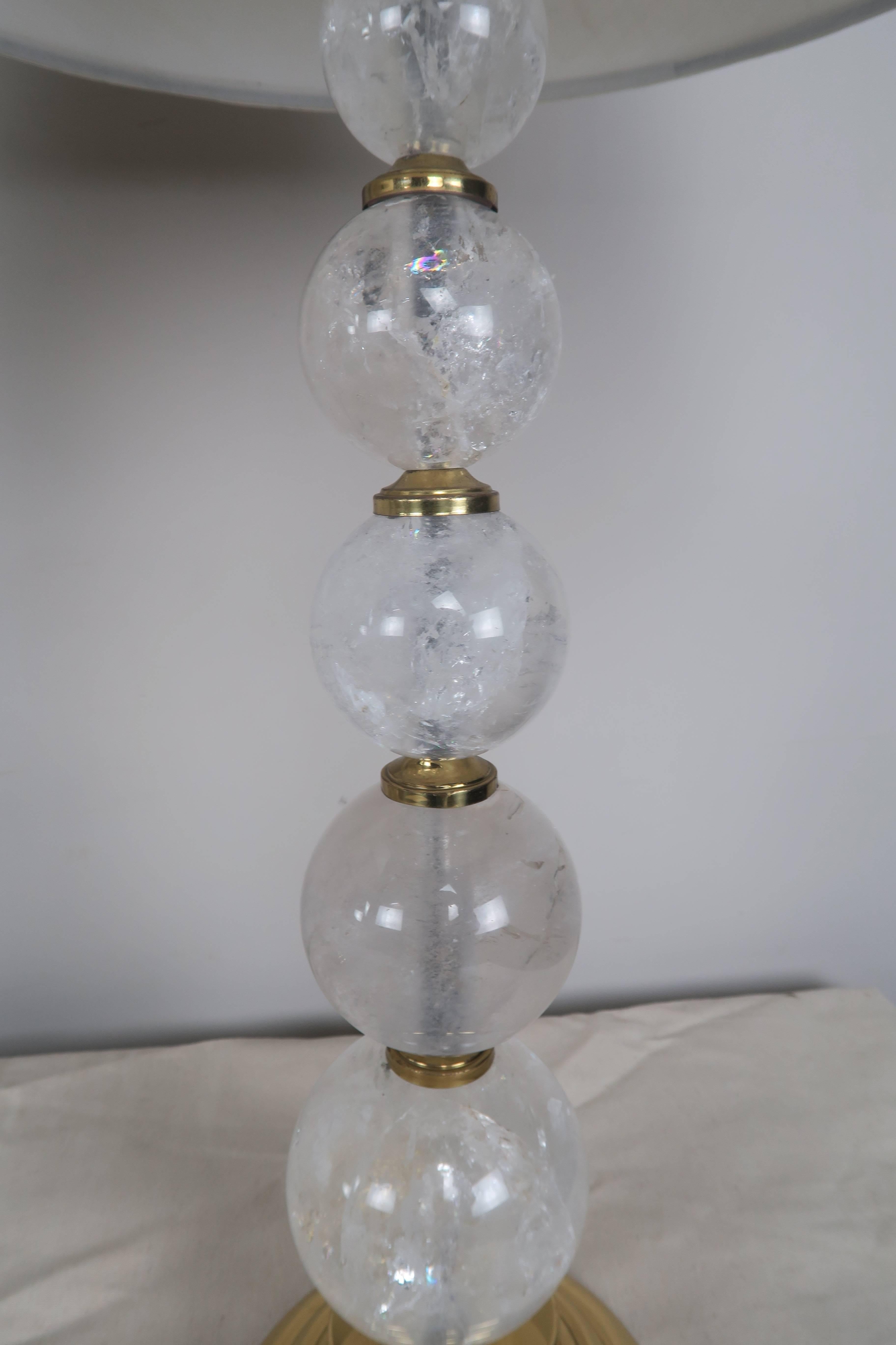 Late 20th Century Rock Crystal and Polished Brass Lamps with Linen Shades For Sale