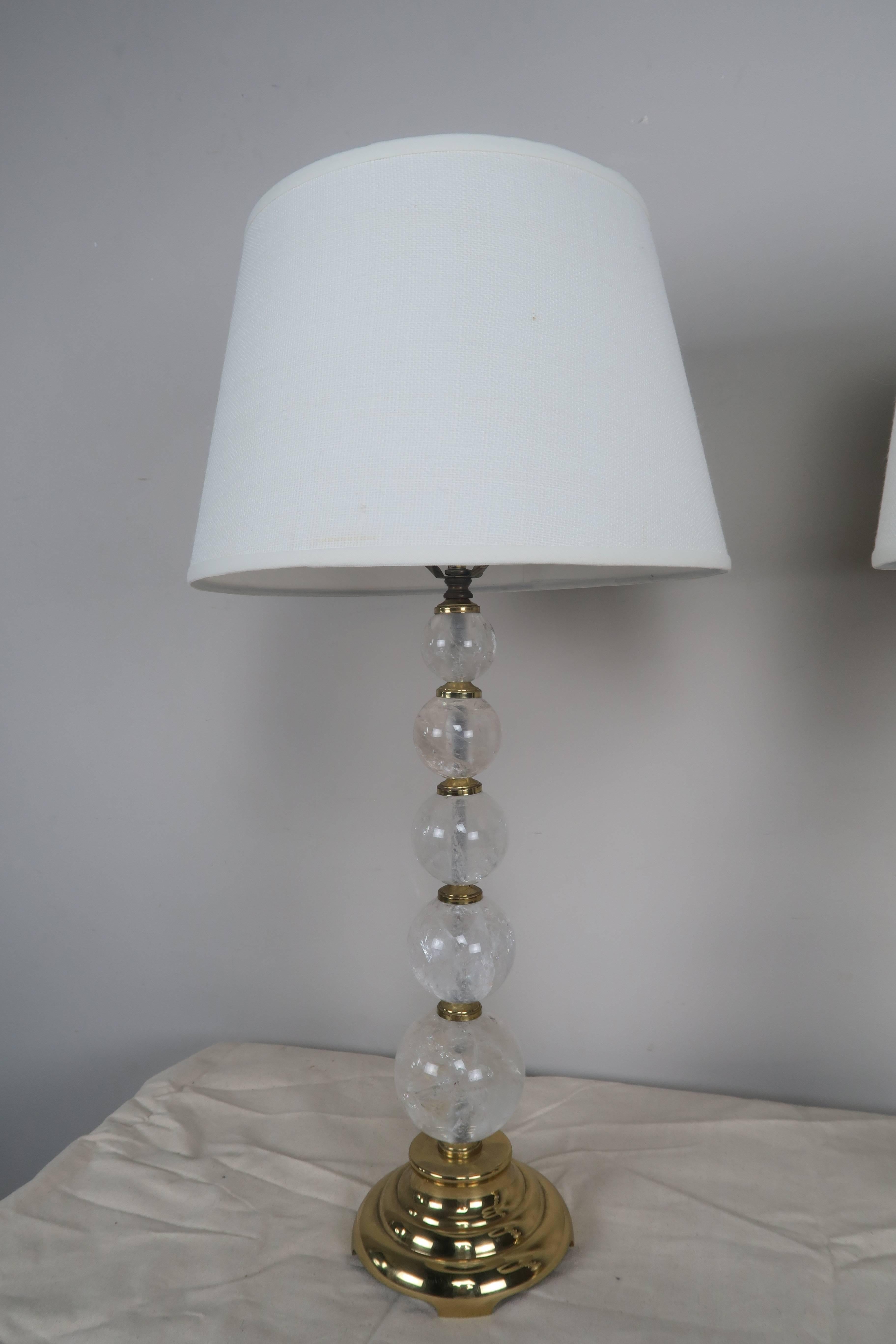 Rock Crystal and Polished Brass Lamps with Linen Shades For Sale 2