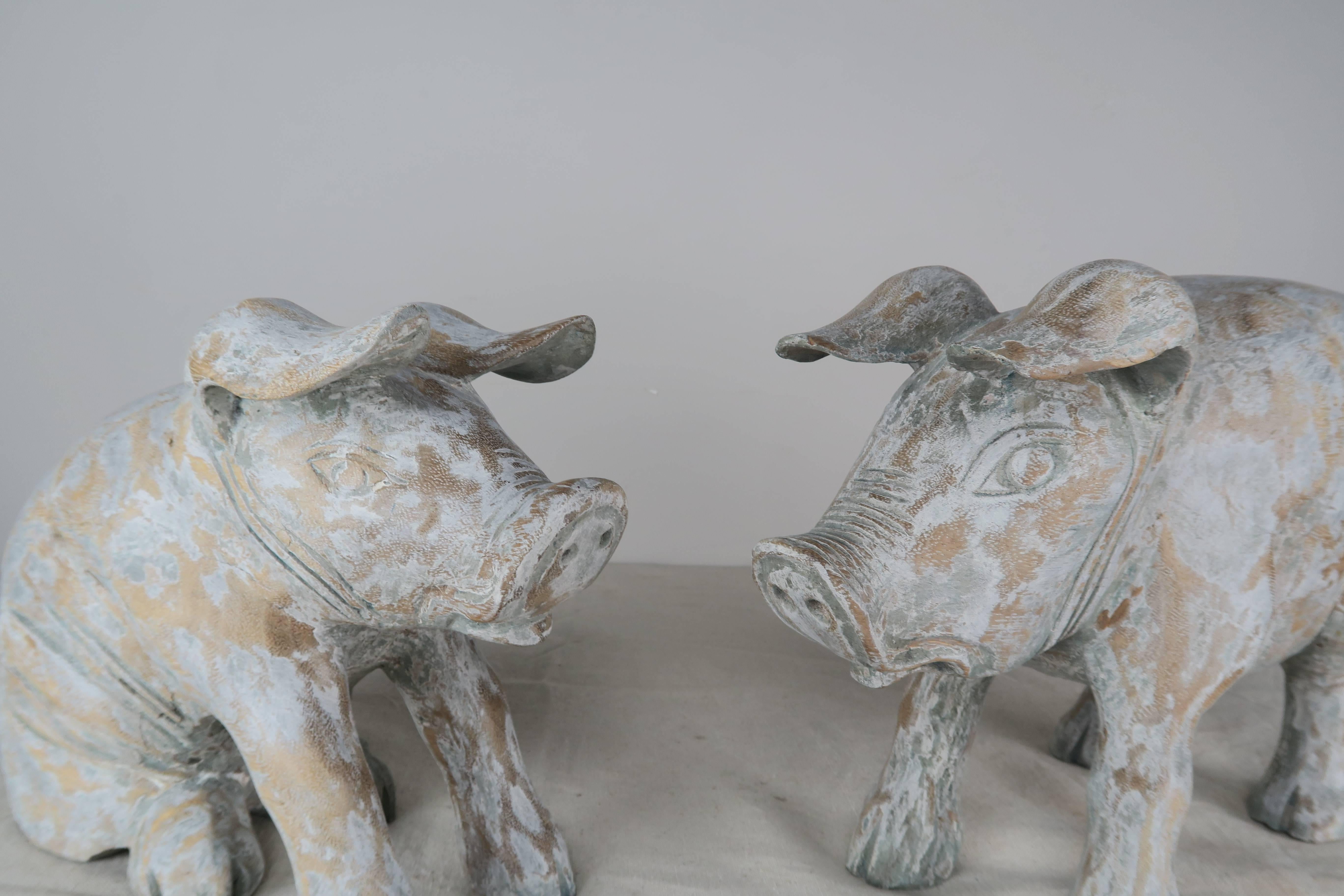 Rustic Pair of Wood Carved Painted Pigs