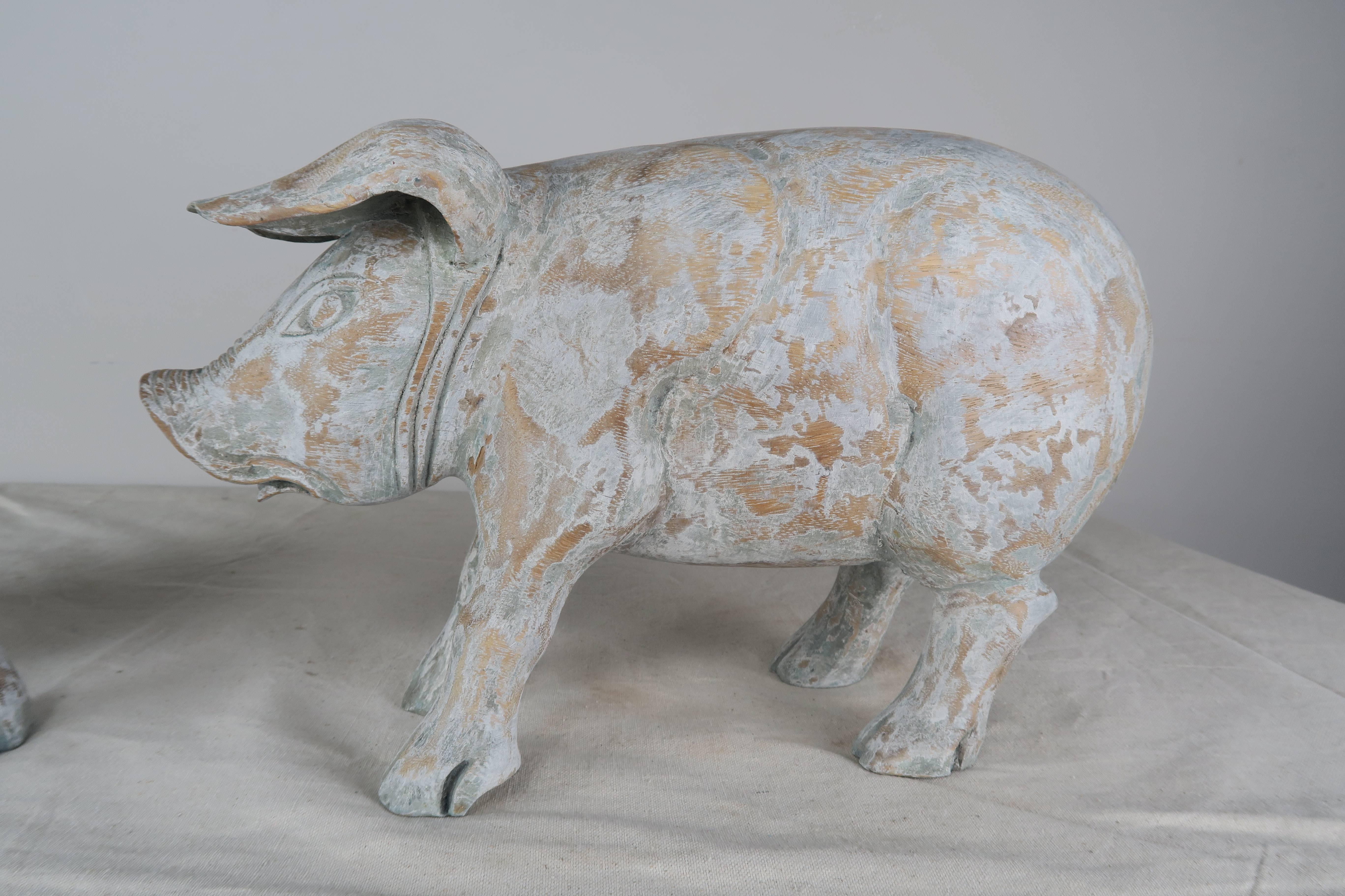 French Pair of Wood Carved Painted Pigs