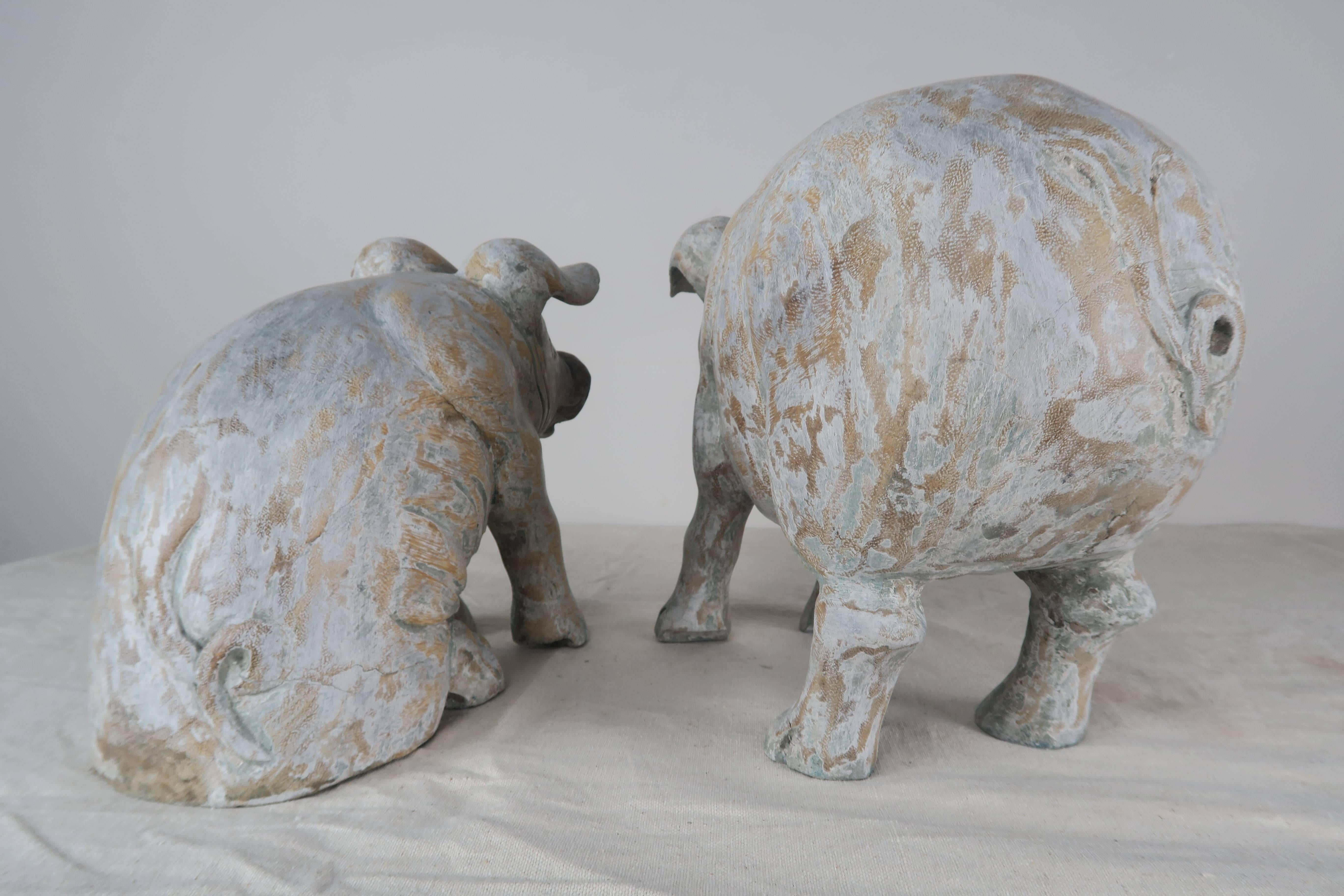 20th Century Pair of Wood Carved Painted Pigs