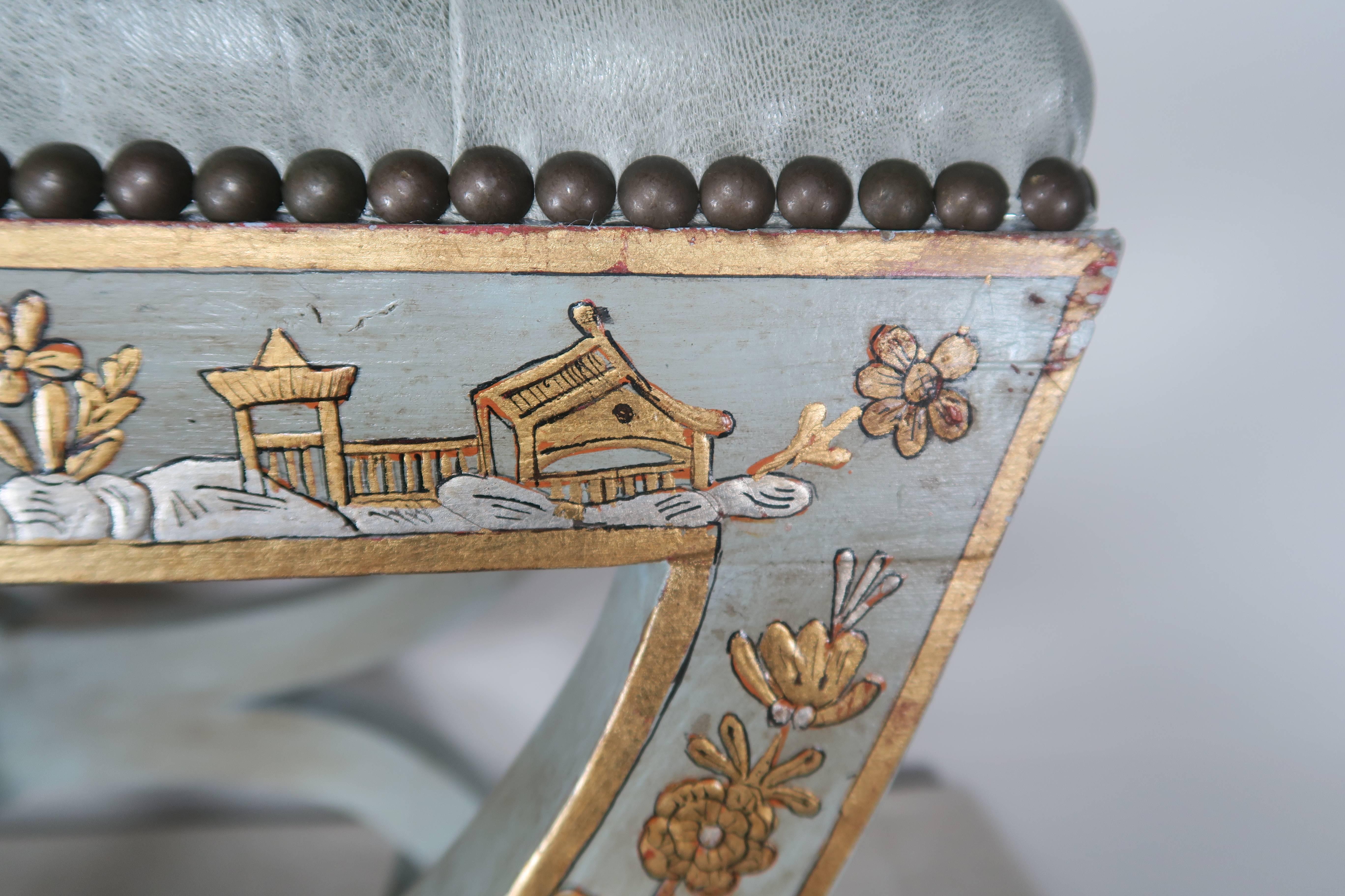 Hand-Painted Chinoiserie Painted Benches with Lamb Skin Leather Upholstery