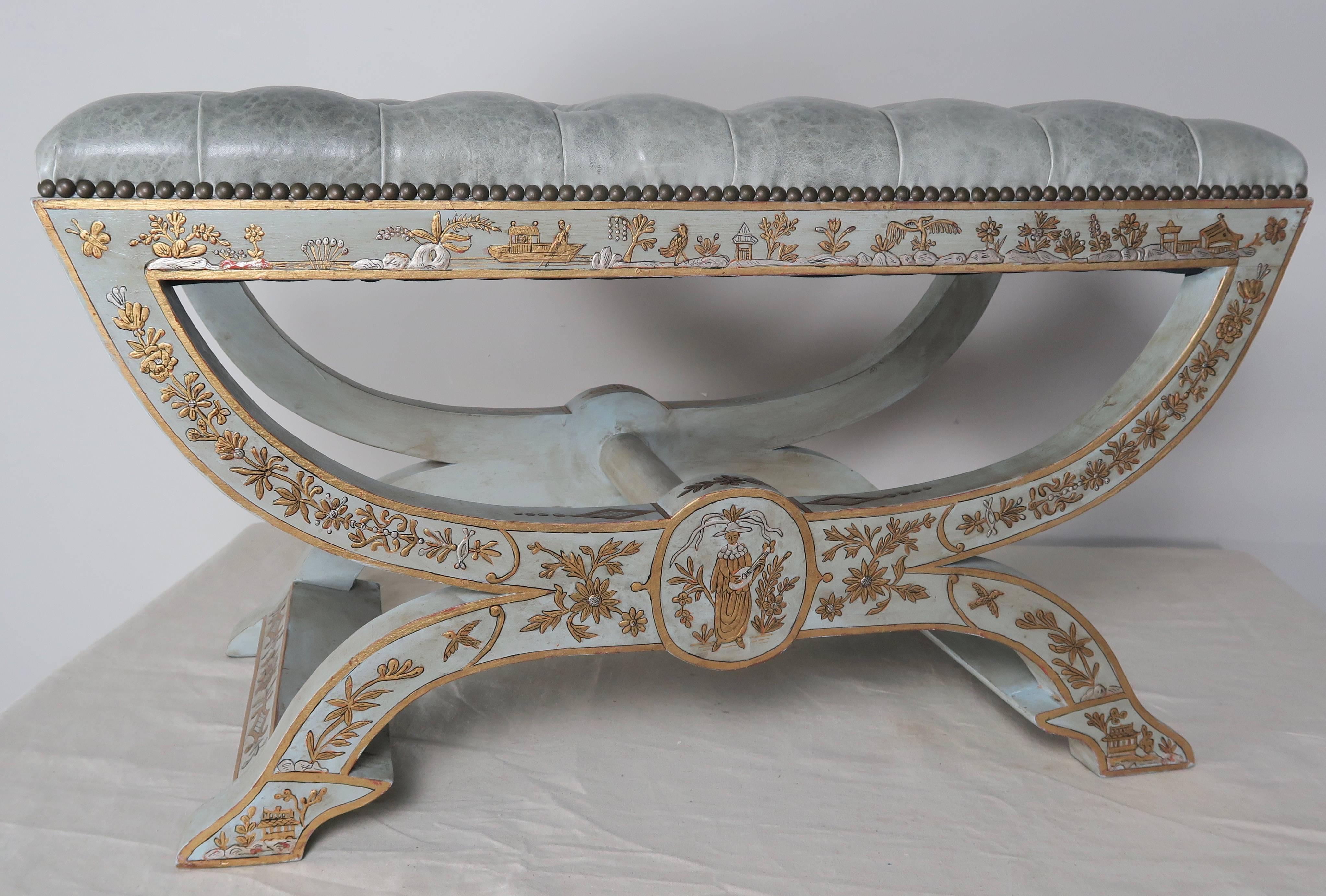 Chinoiserie Painted Benches with Lamb Skin Leather Upholstery In Distressed Condition In Los Angeles, CA