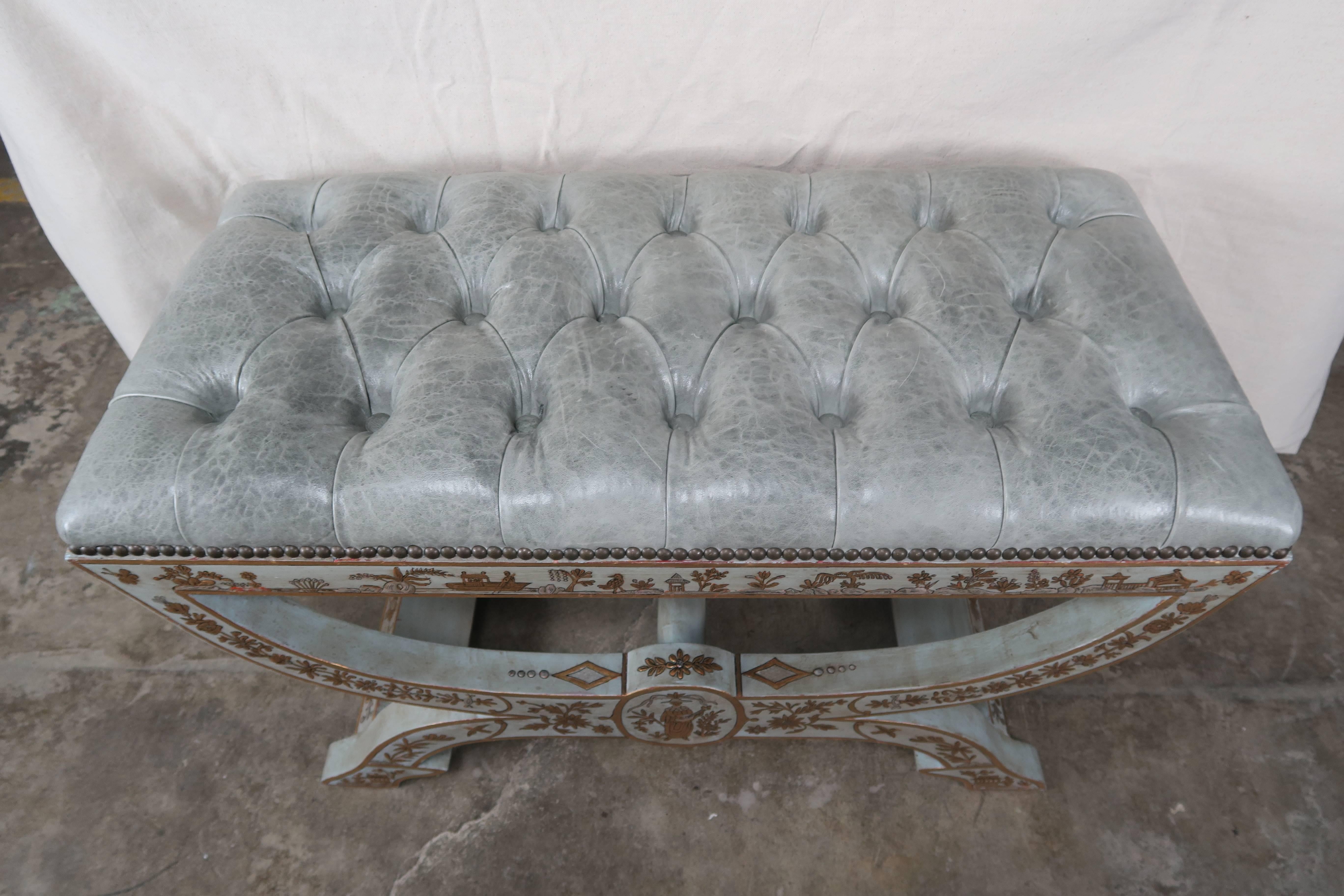 Brass Chinoiserie Painted Benches with Lamb Skin Leather Upholstery