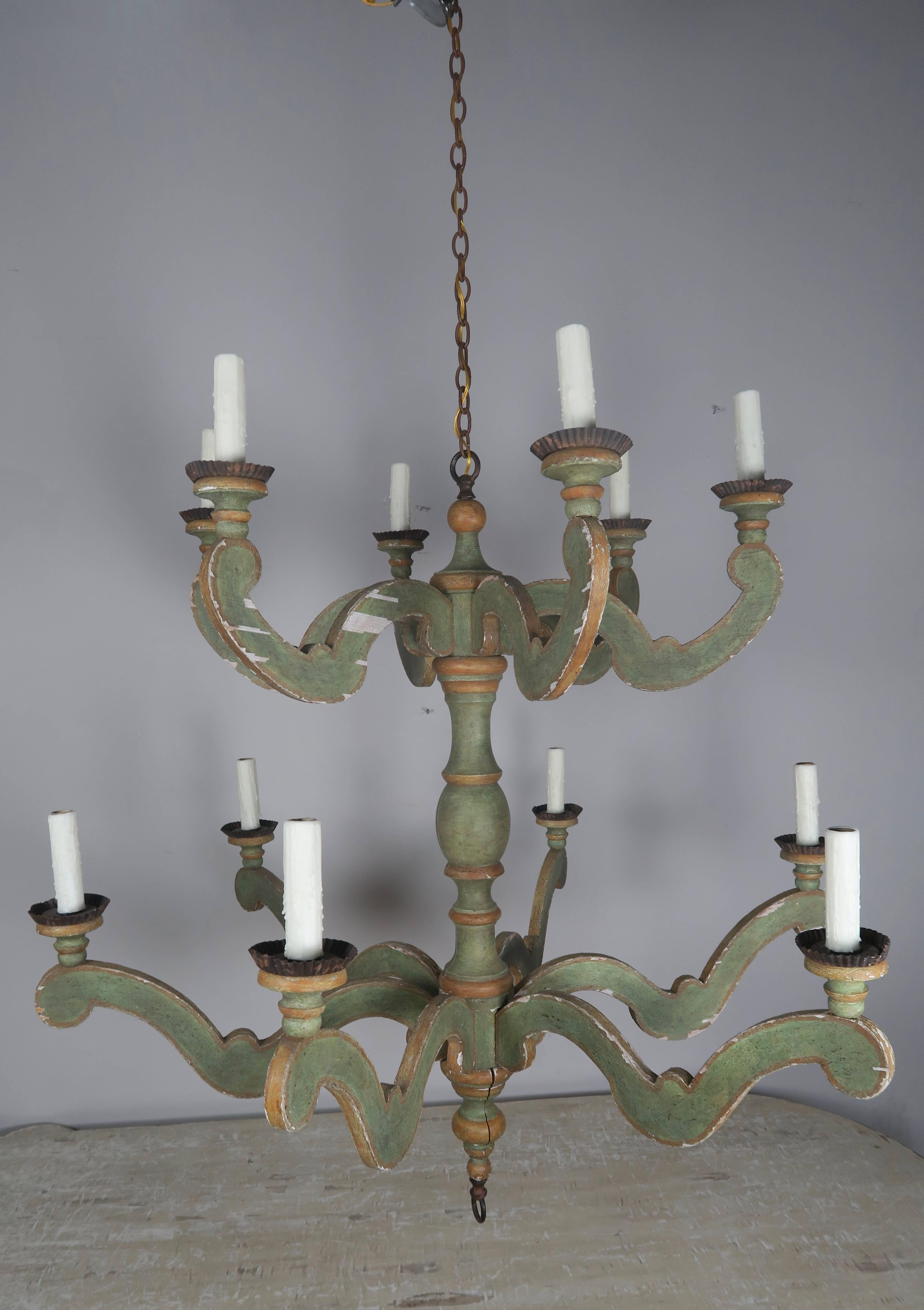 Two-Tier Italian Style Painted Chandelier In Distressed Condition In Los Angeles, CA