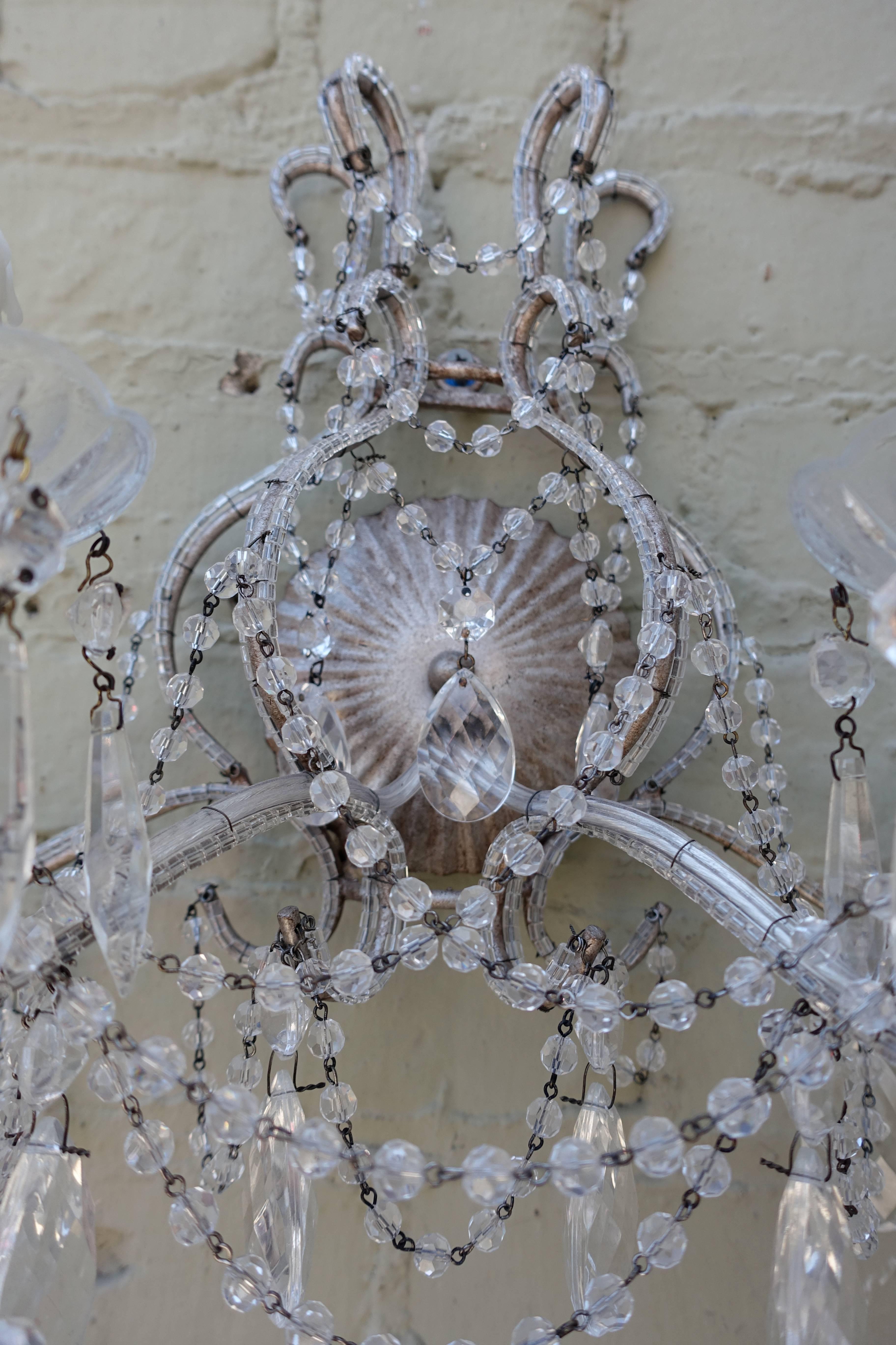 Rococo Pair of Silver Metal and Crystal Sconces