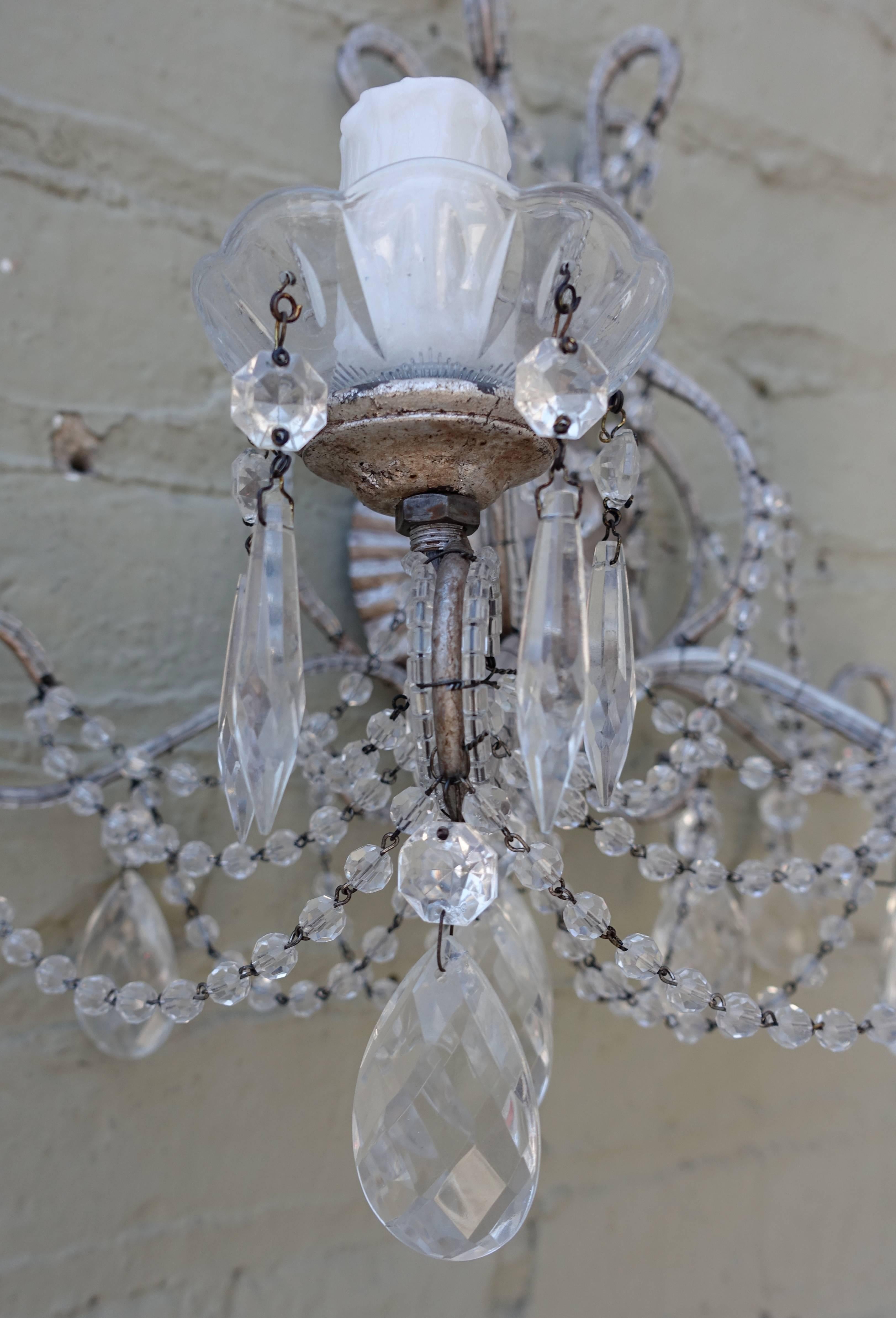 Metalwork Pair of Silver Metal and Crystal Sconces