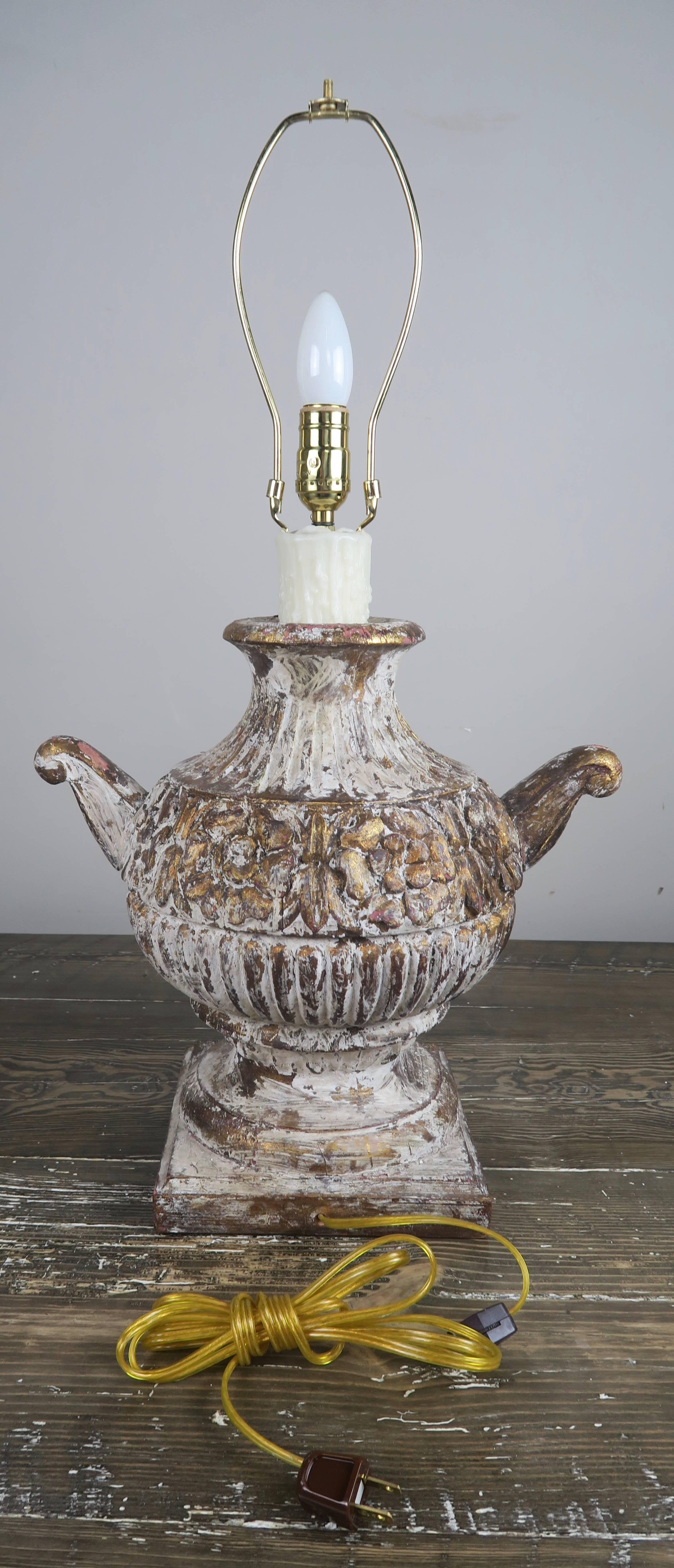 Pair of Carved Italian Painted Urn Lamps with Custom Linen Shades 3
