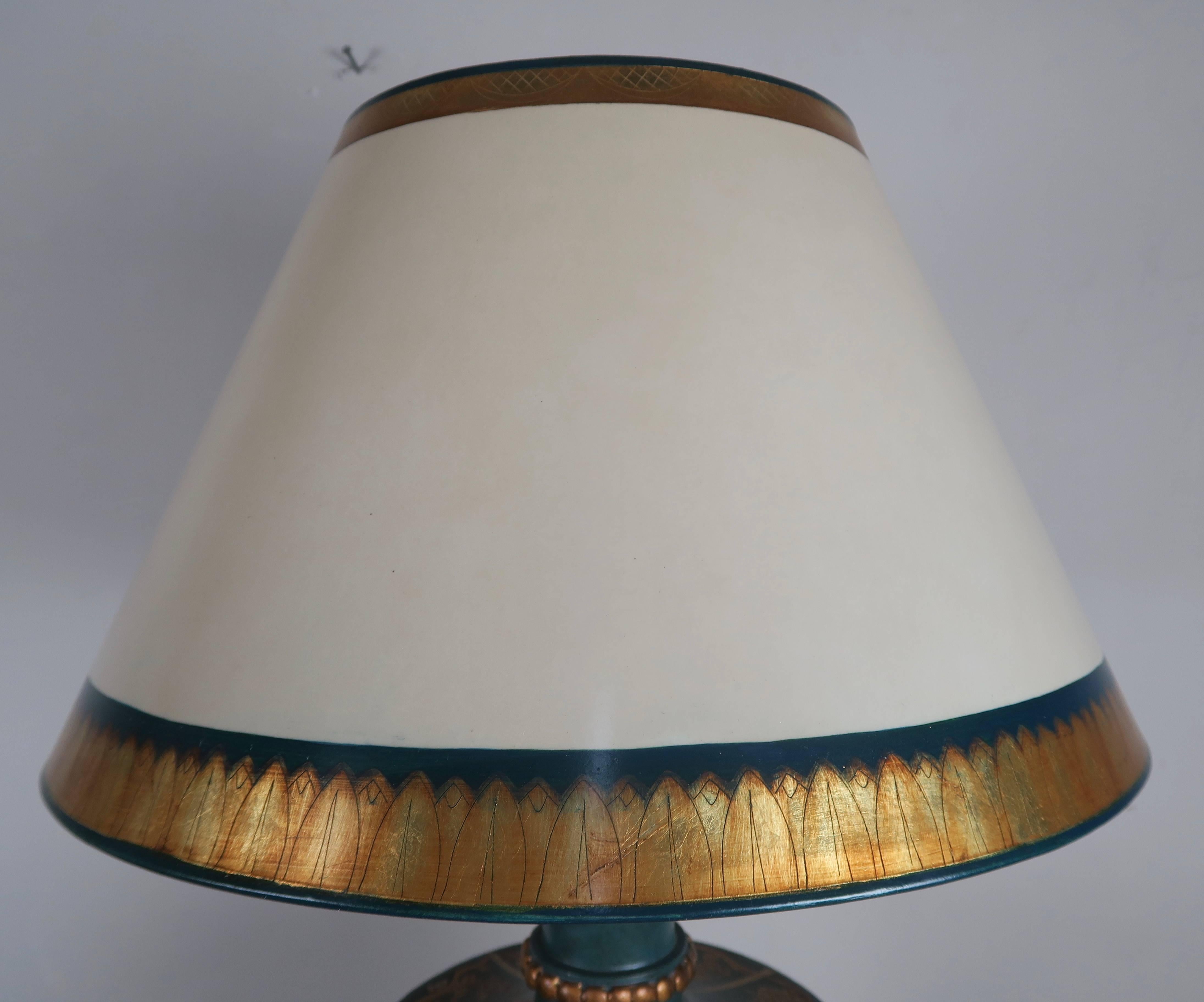Hand-Painted Teal and Gold Chinoiserie Painted Colored Lamps, Pair