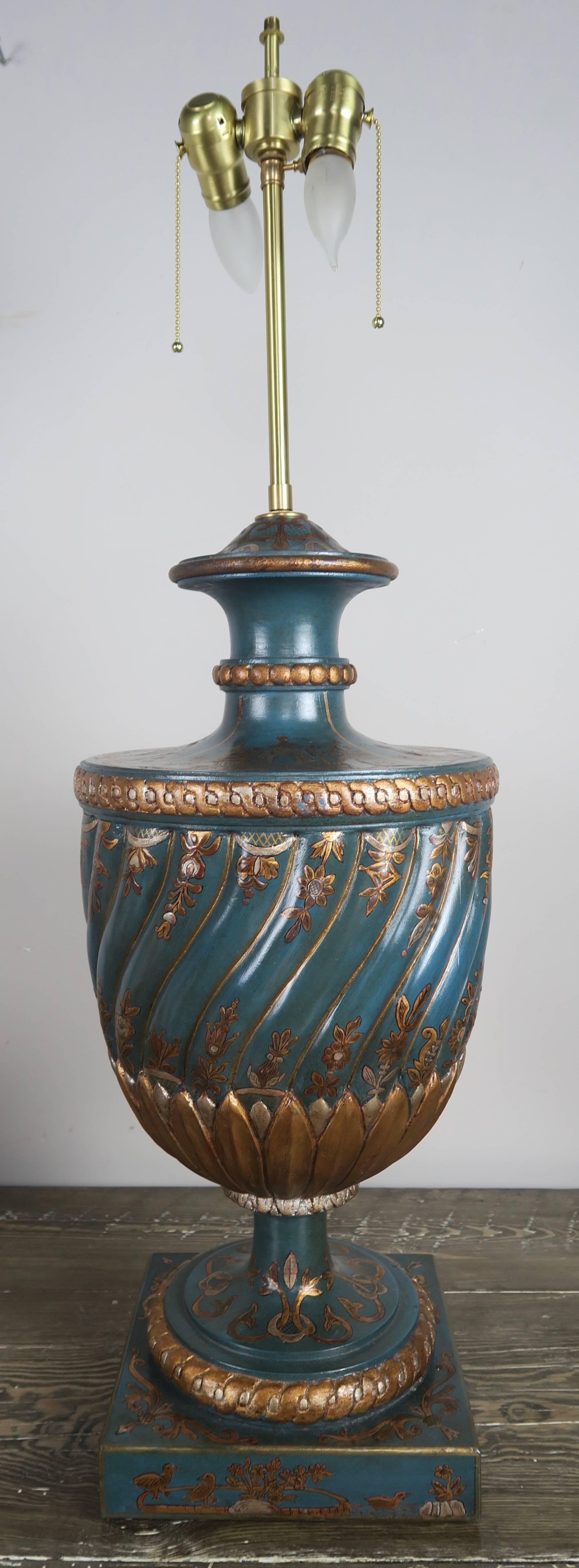 Teal and Gold Chinoiserie Painted Colored Lamps, Pair In Excellent Condition In Los Angeles, CA