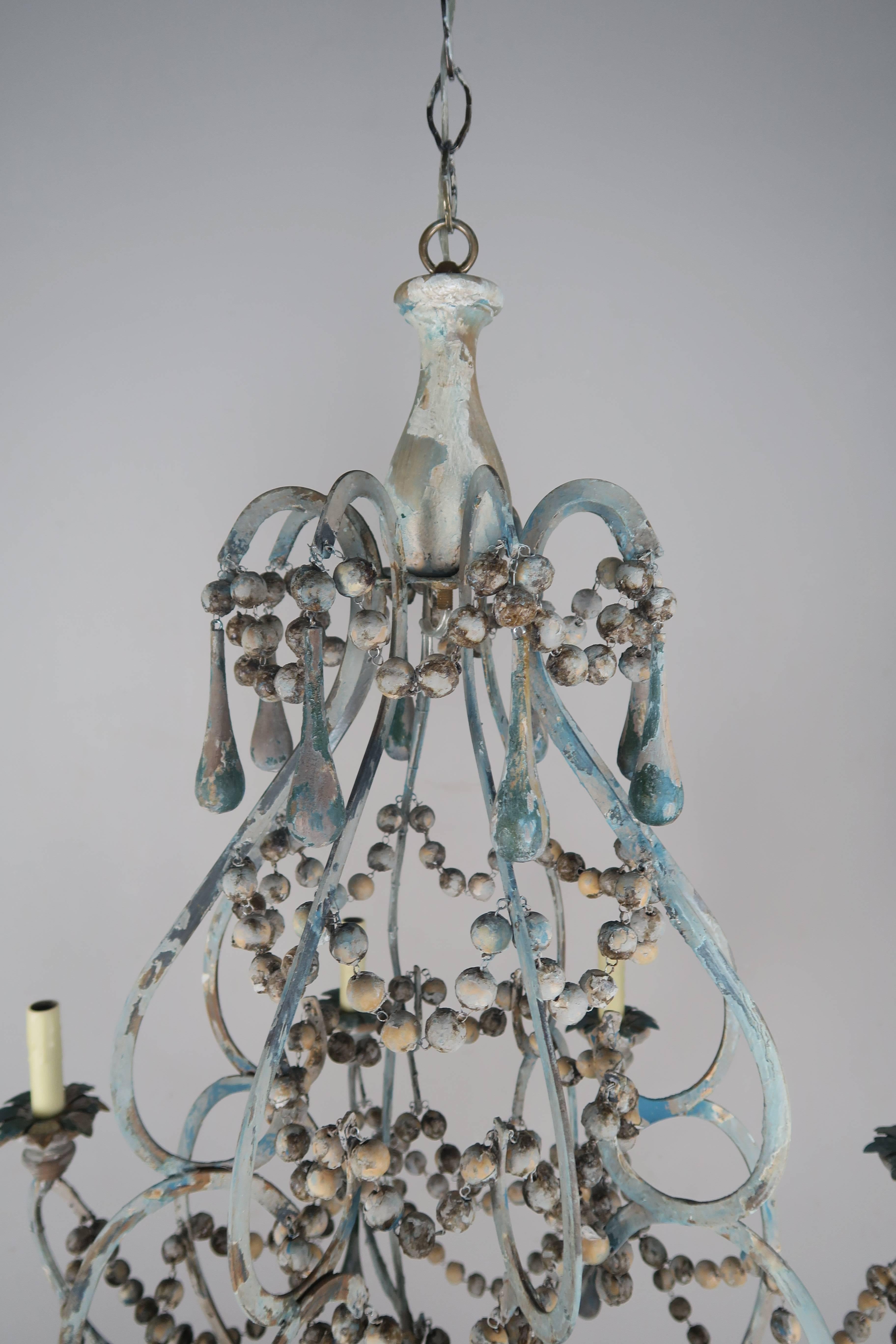 Hand-Painted Pair of Eight-Light Wood Beaded and Metal Painted Chandeliers