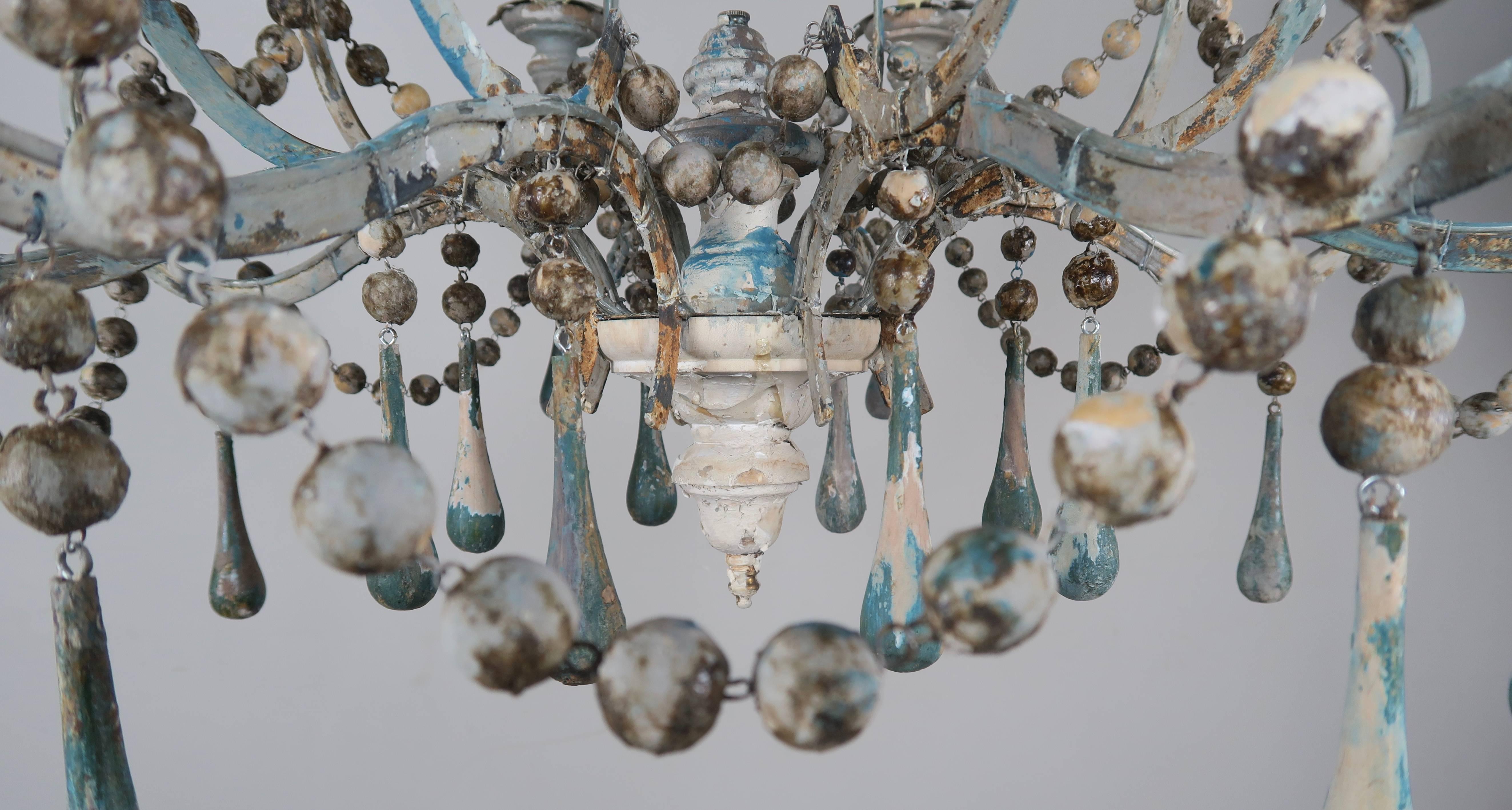 Rococo Pair of Eight-Light Wood Beaded and Metal Painted Chandeliers