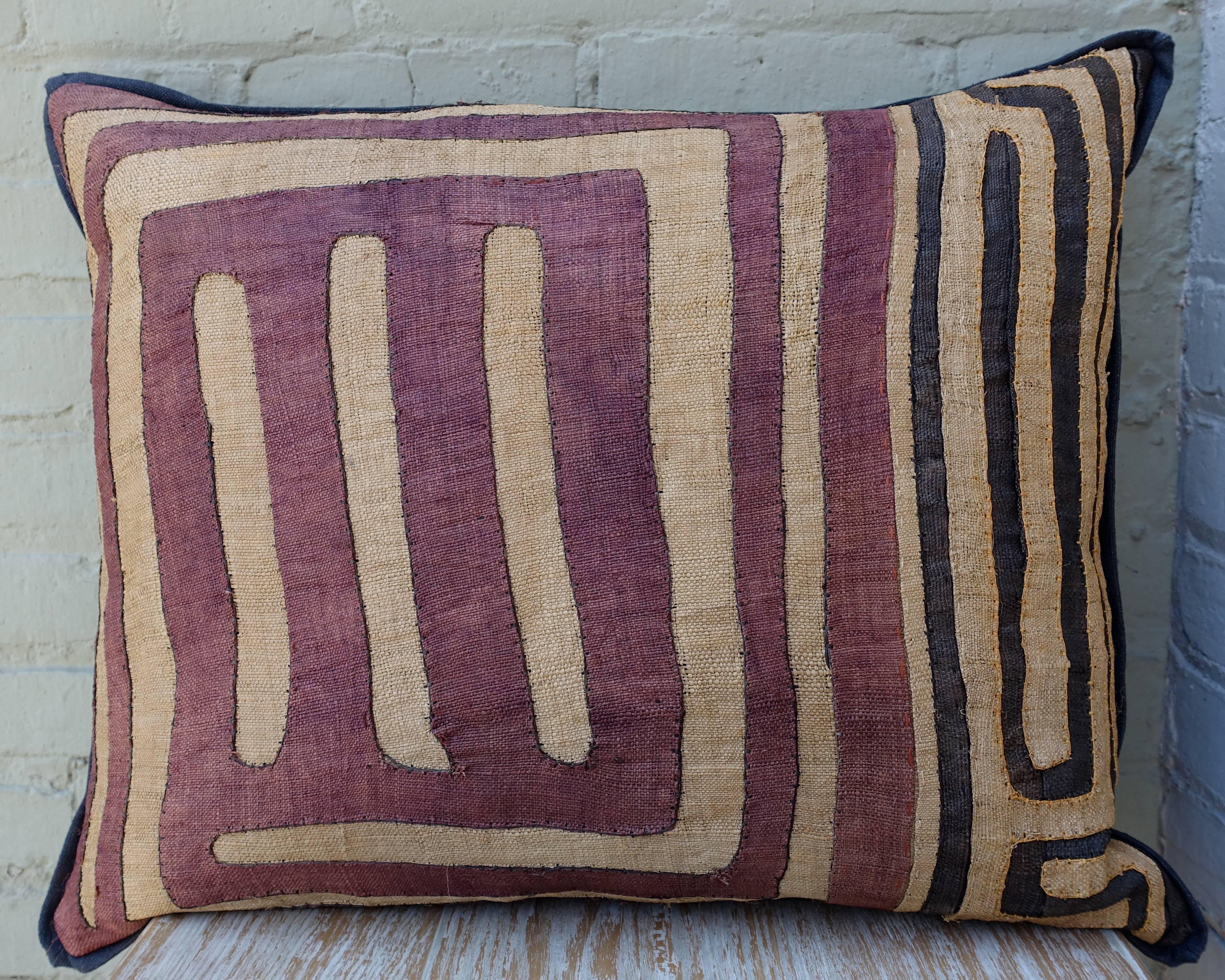 Linen Pair of Large African Kuba Cloth Pillows