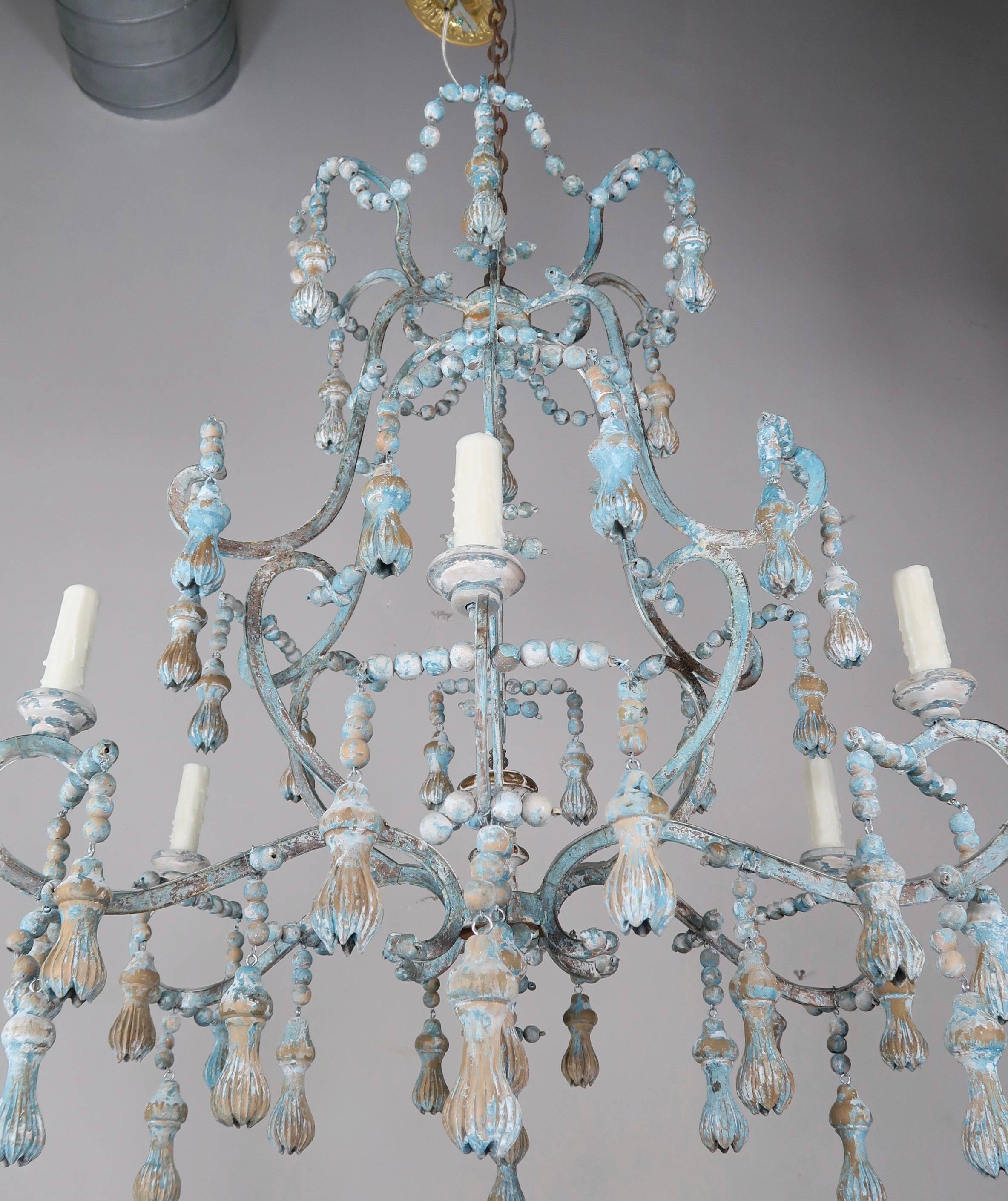 Rococo Carved Italian Wood Beaded and Iron Painted Chandelier