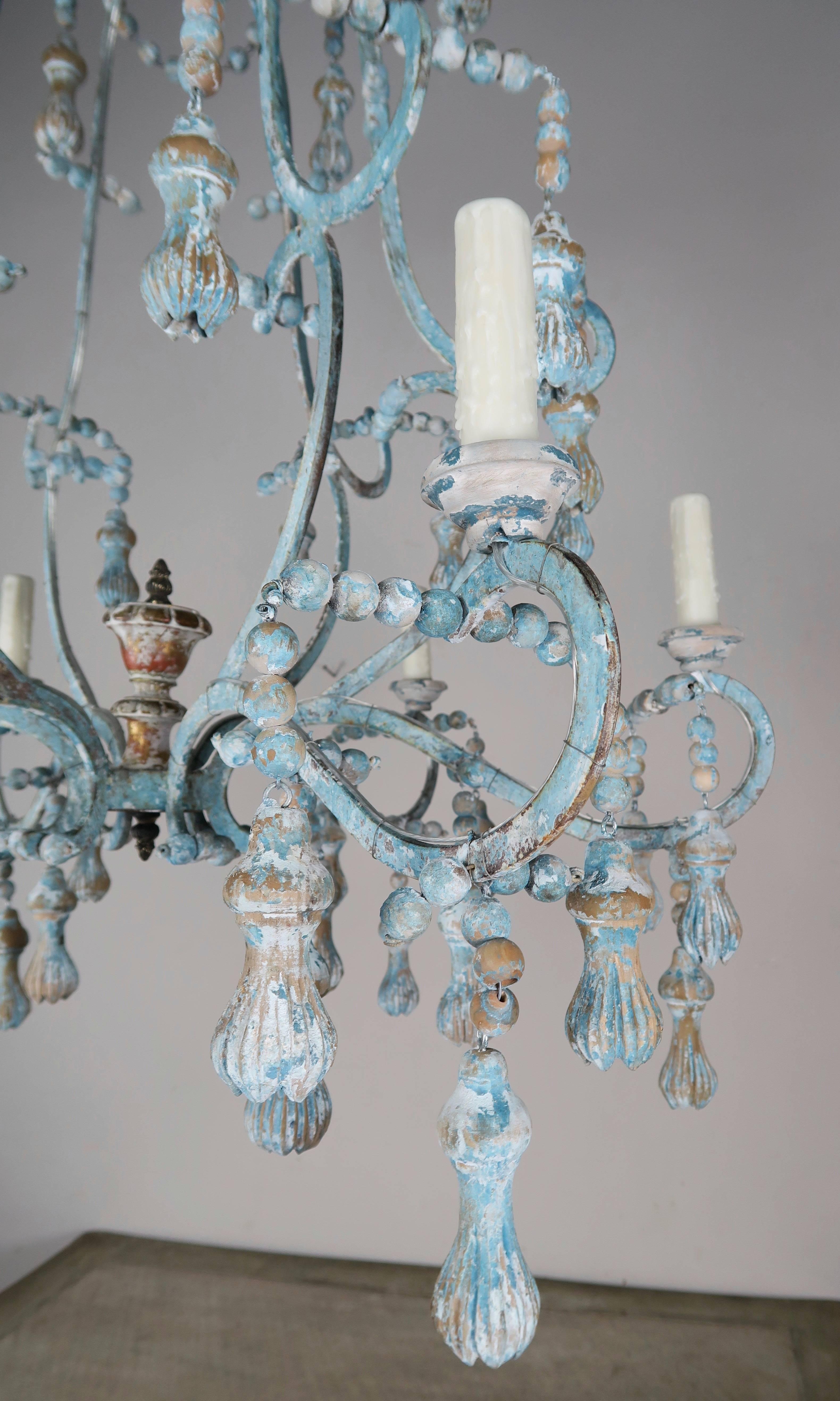 Carved Italian Wood Beaded and Iron Painted Chandelier 1