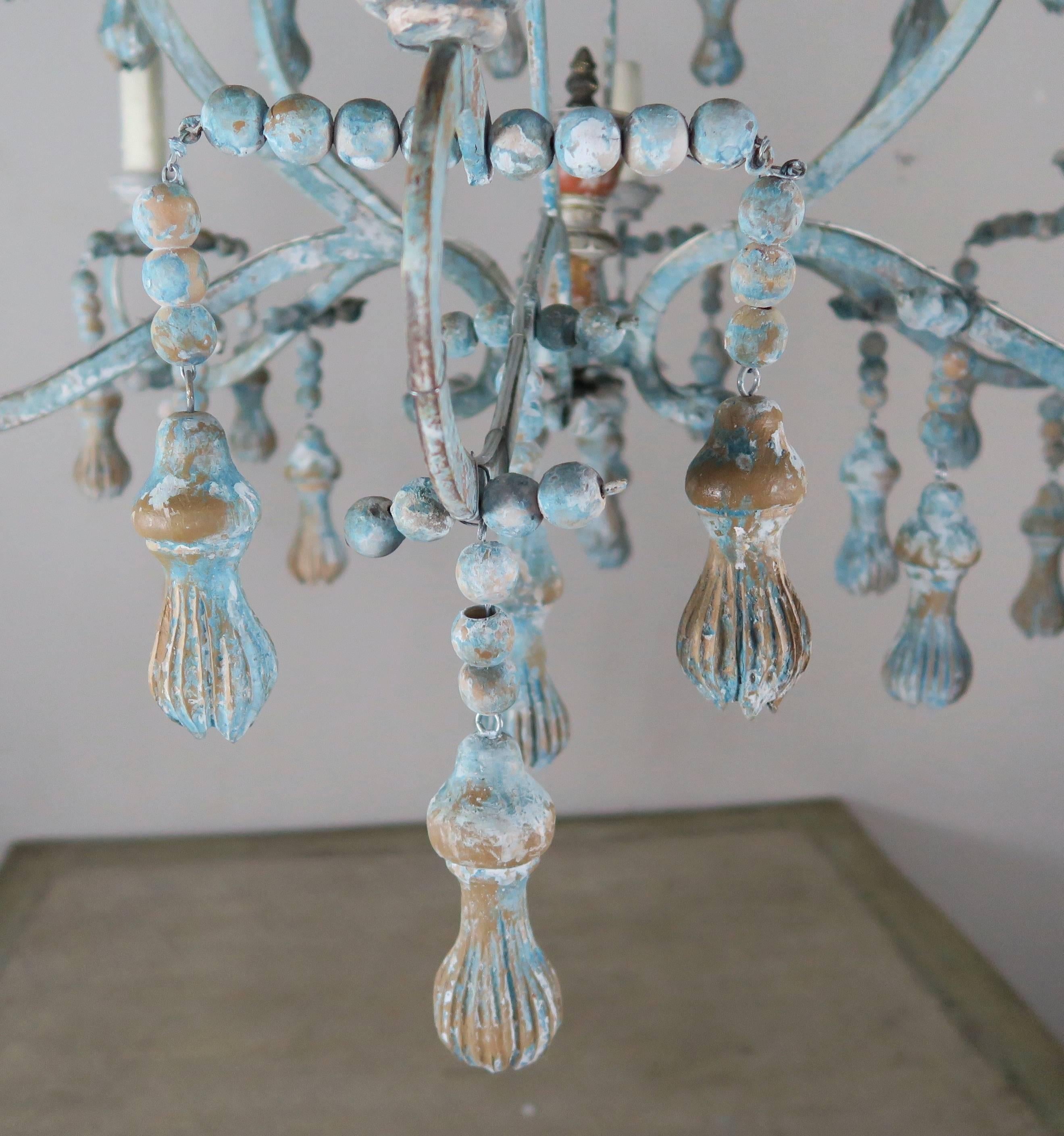 Carved Italian Wood Beaded and Iron Painted Chandelier 2