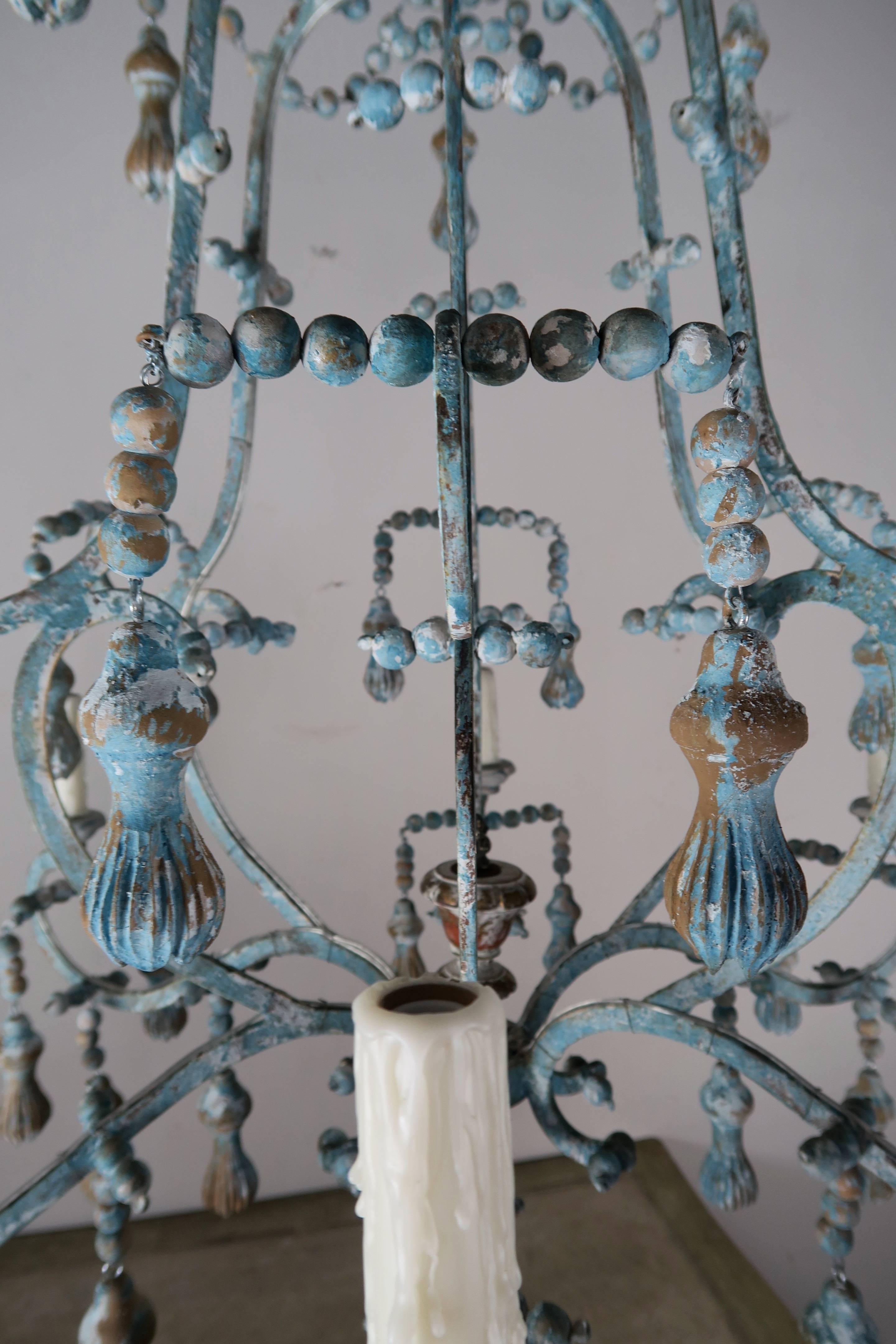 Carved Italian Wood Beaded and Iron Painted Chandelier 4