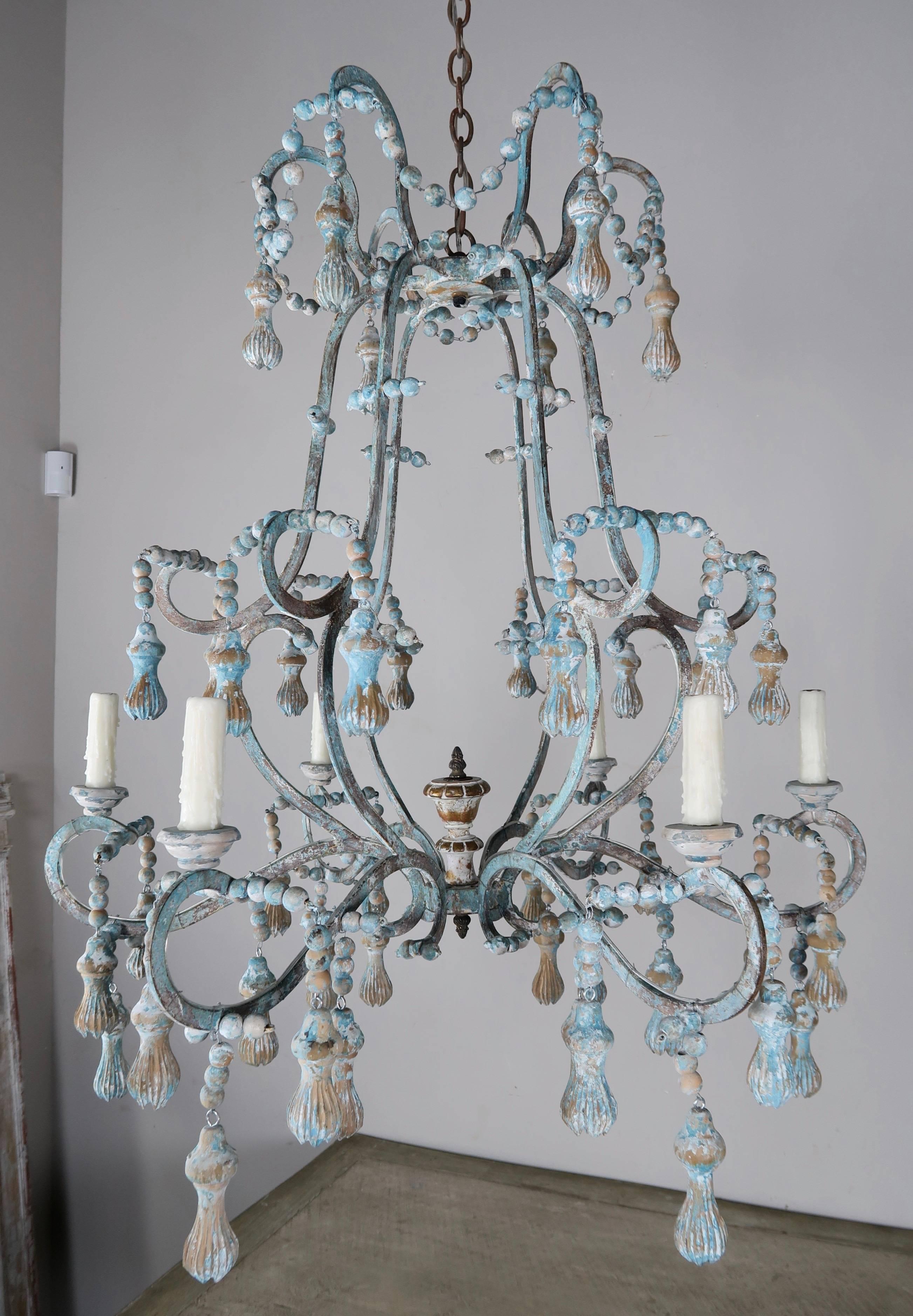 Carved Italian Wood Beaded and Iron Painted Chandelier 5