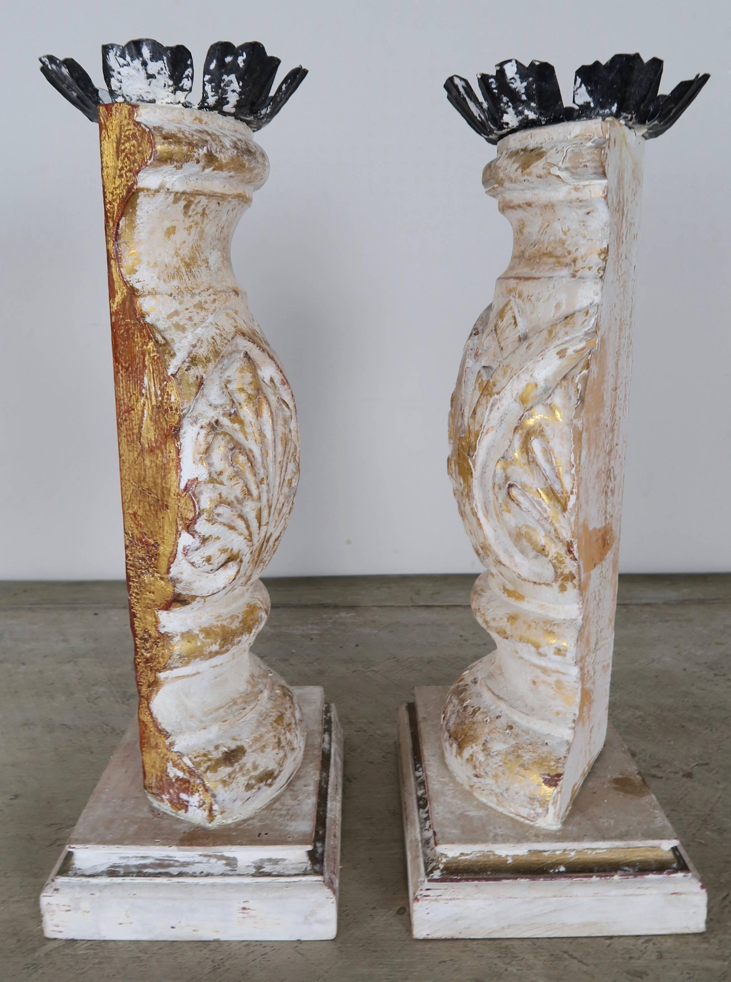 Early 20th Century Carved Giltwood and Gesso Candleholders with Iron Candle Cups