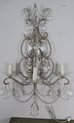 Mid-20th Century Distressed Three-Light Crystal Beaded Sconces
