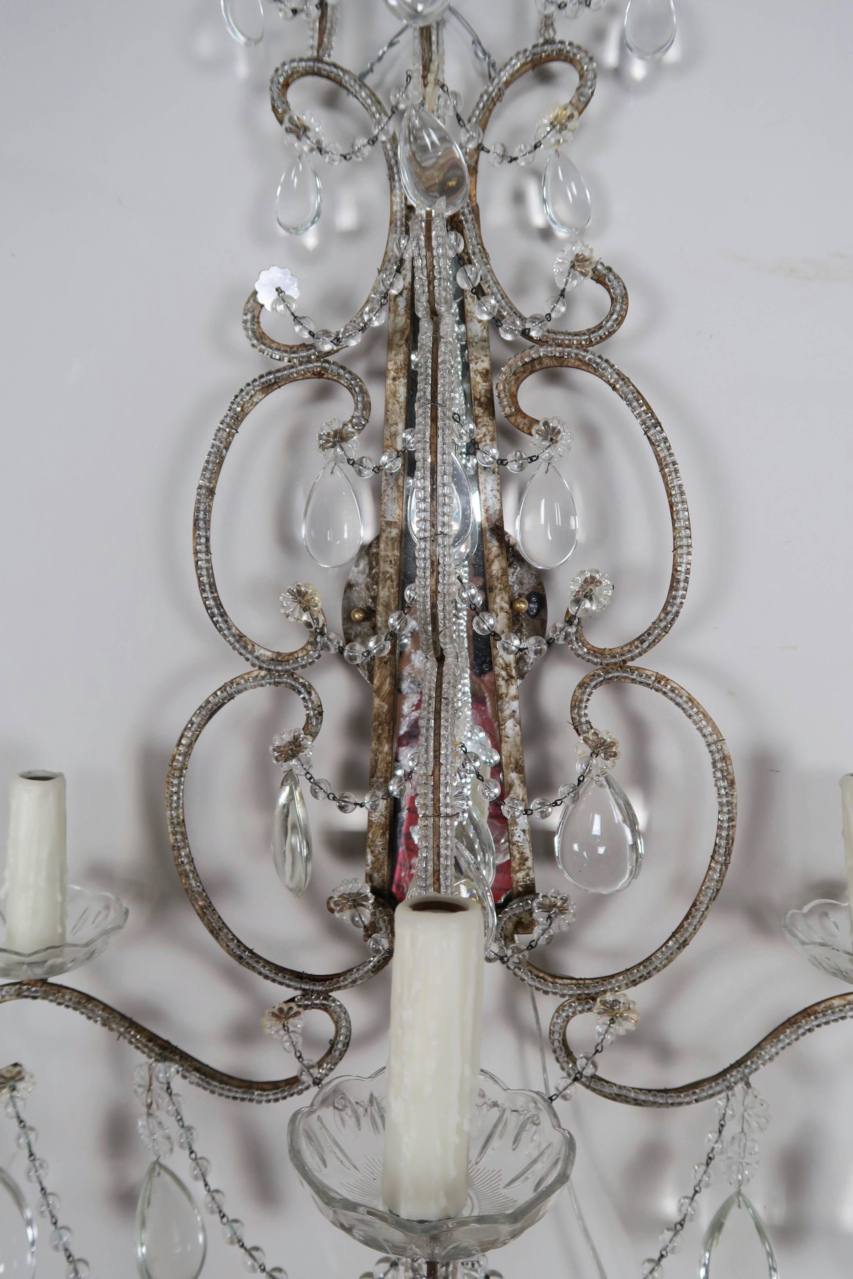 Rococo Three-Light Crystal Beaded and Mirror Sconces, Pair For Sale