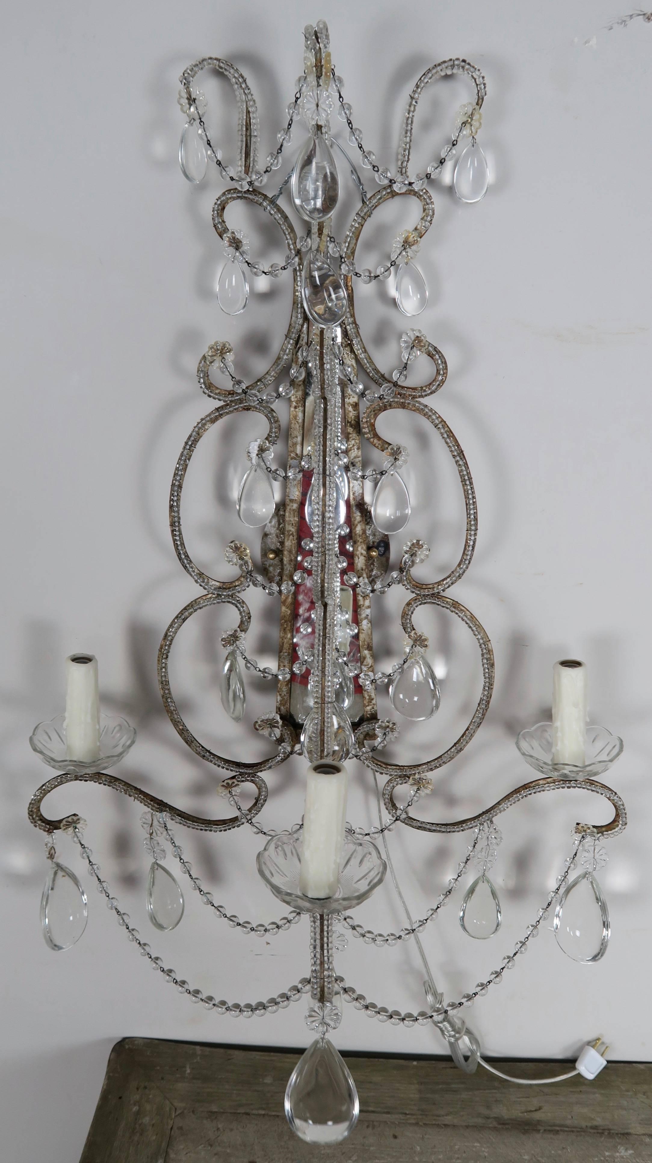 Italian Three-Light Crystal Beaded and Mirror Sconces, Pair For Sale