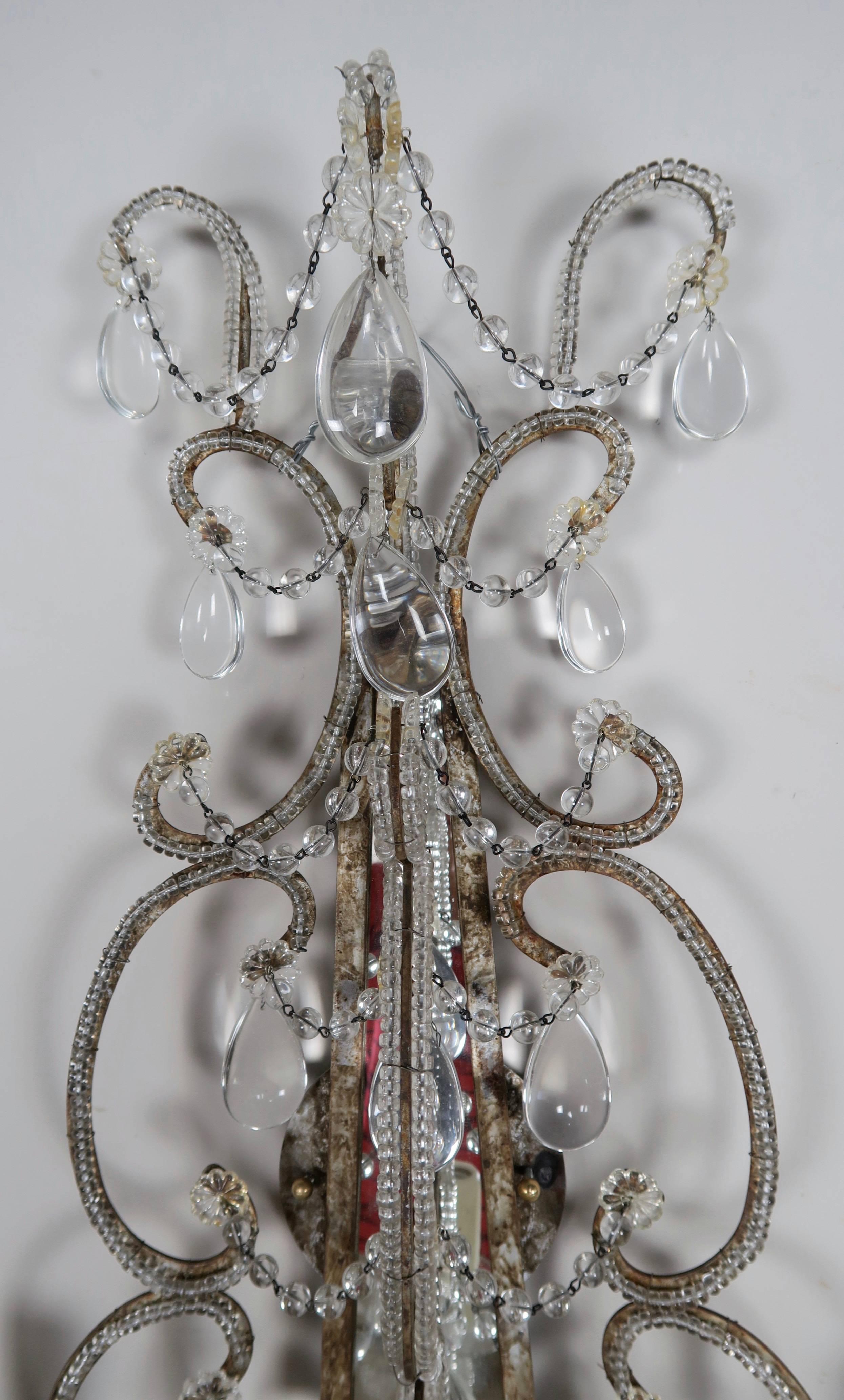 Three-Light Crystal Beaded and Mirror Sconces, Pair In Distressed Condition For Sale In Los Angeles, CA