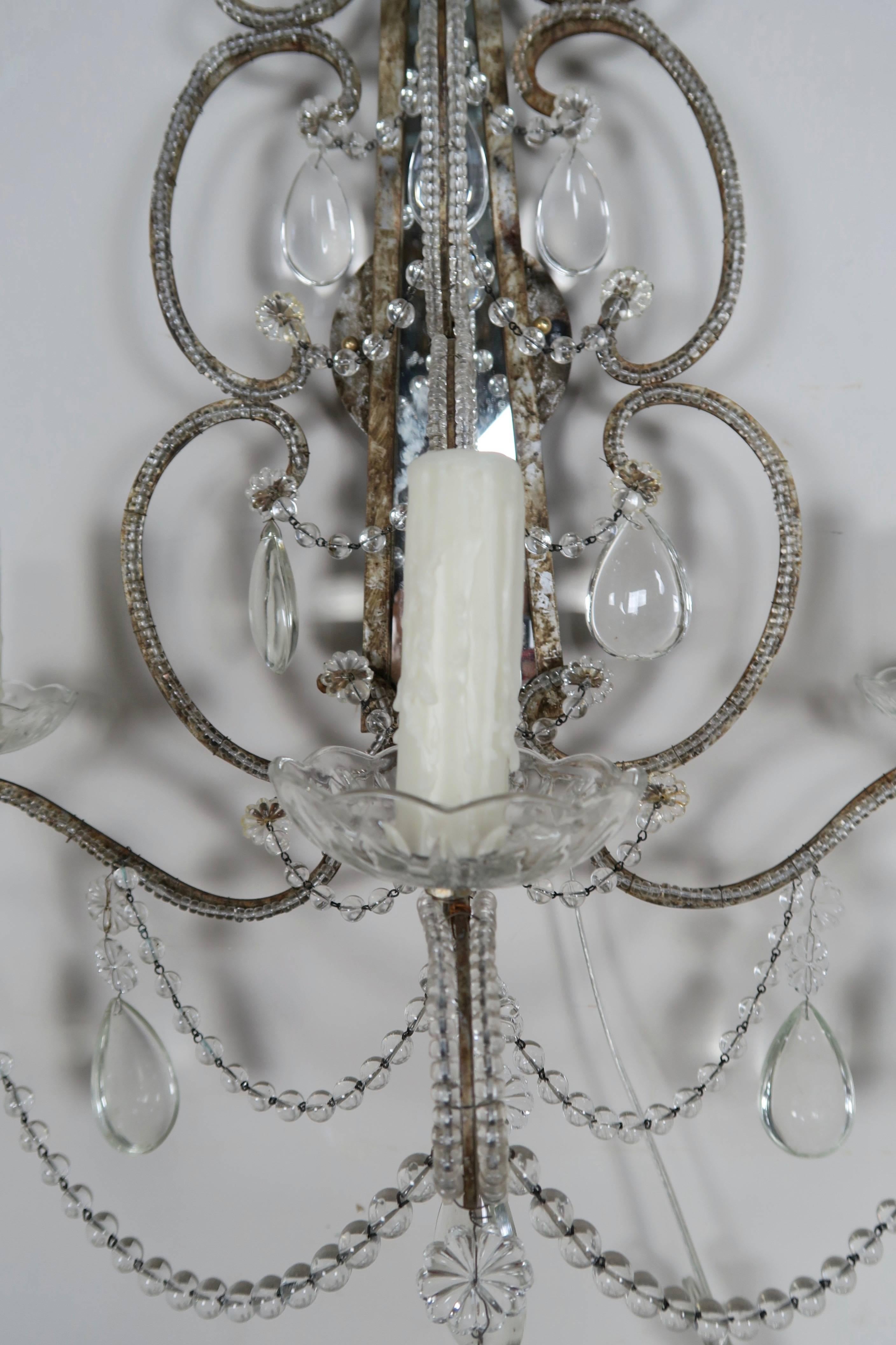 Three-Light Crystal Beaded and Mirror Sconces, Pair For Sale 1