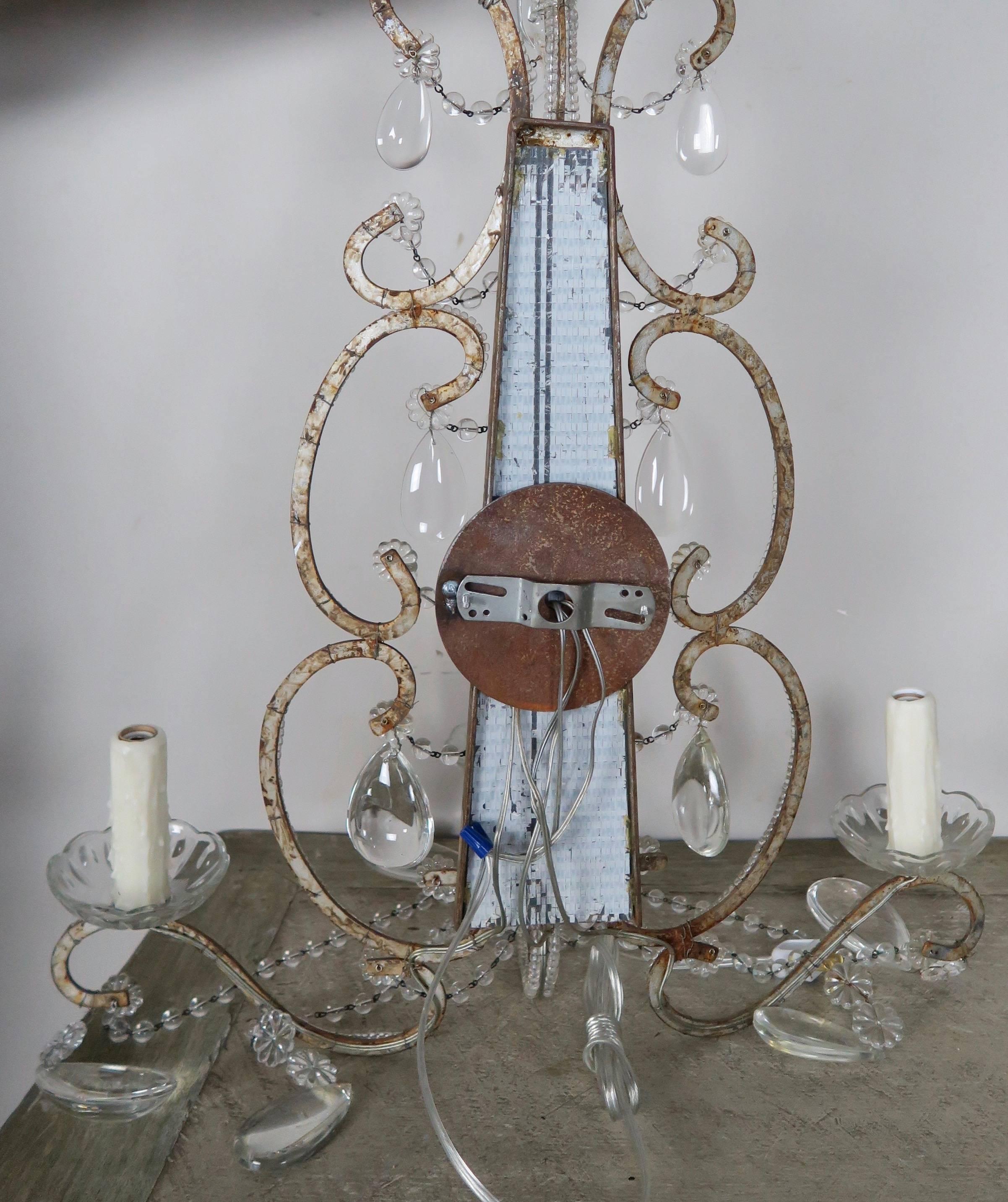 Three-Light Crystal Beaded and Mirror Sconces, Pair For Sale 3
