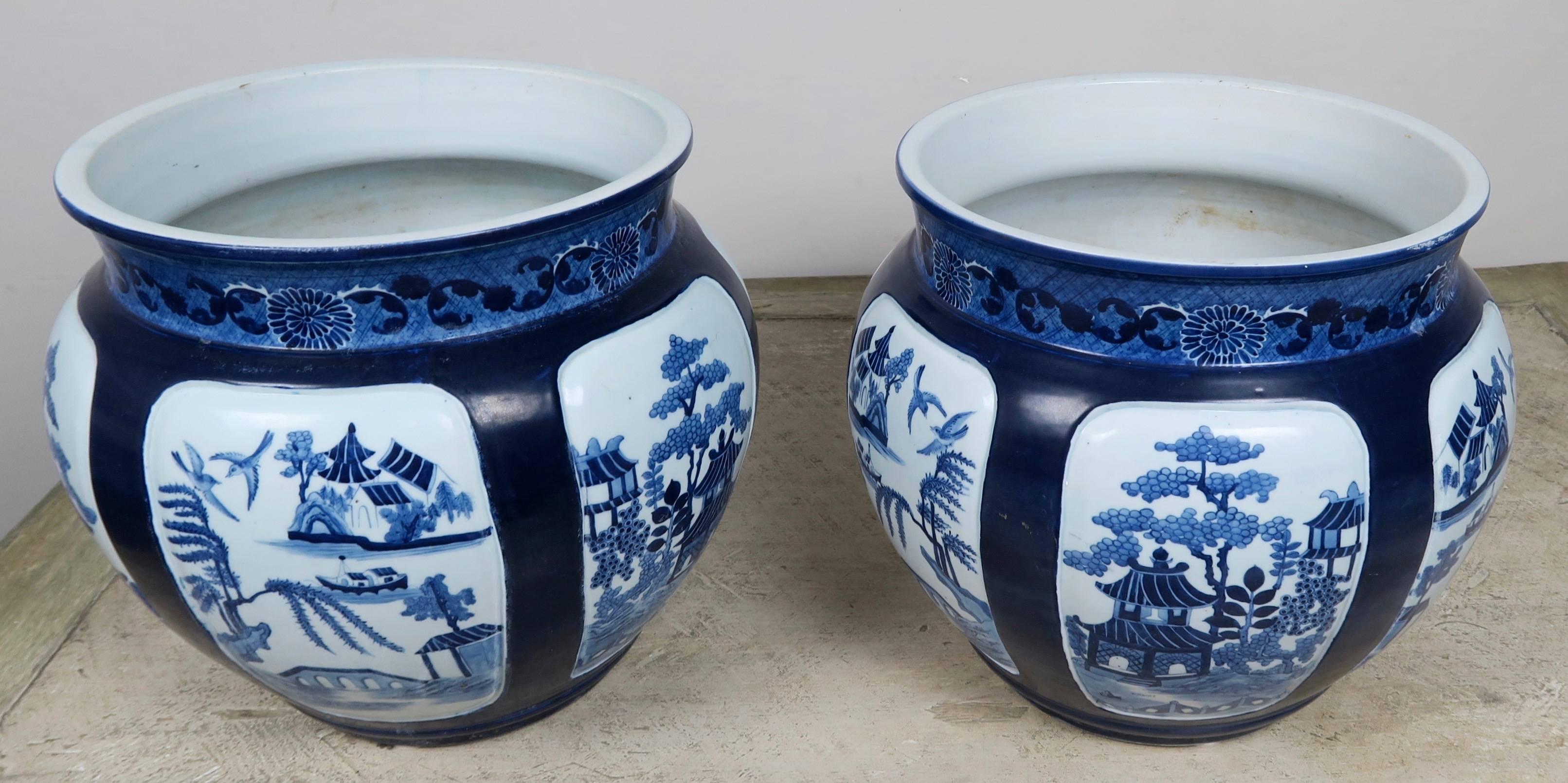 Pair of blue and white ceramic painted Chinese planters.
