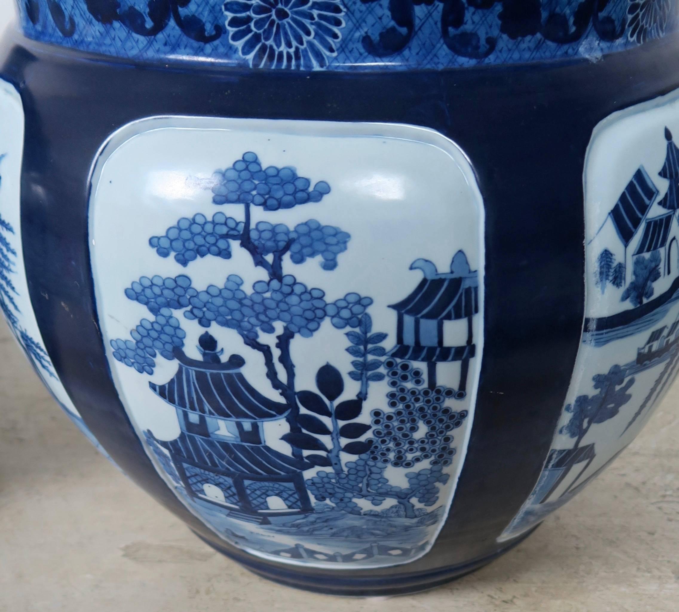 Pair of Blue and White Chinese Planters In Excellent Condition In Los Angeles, CA