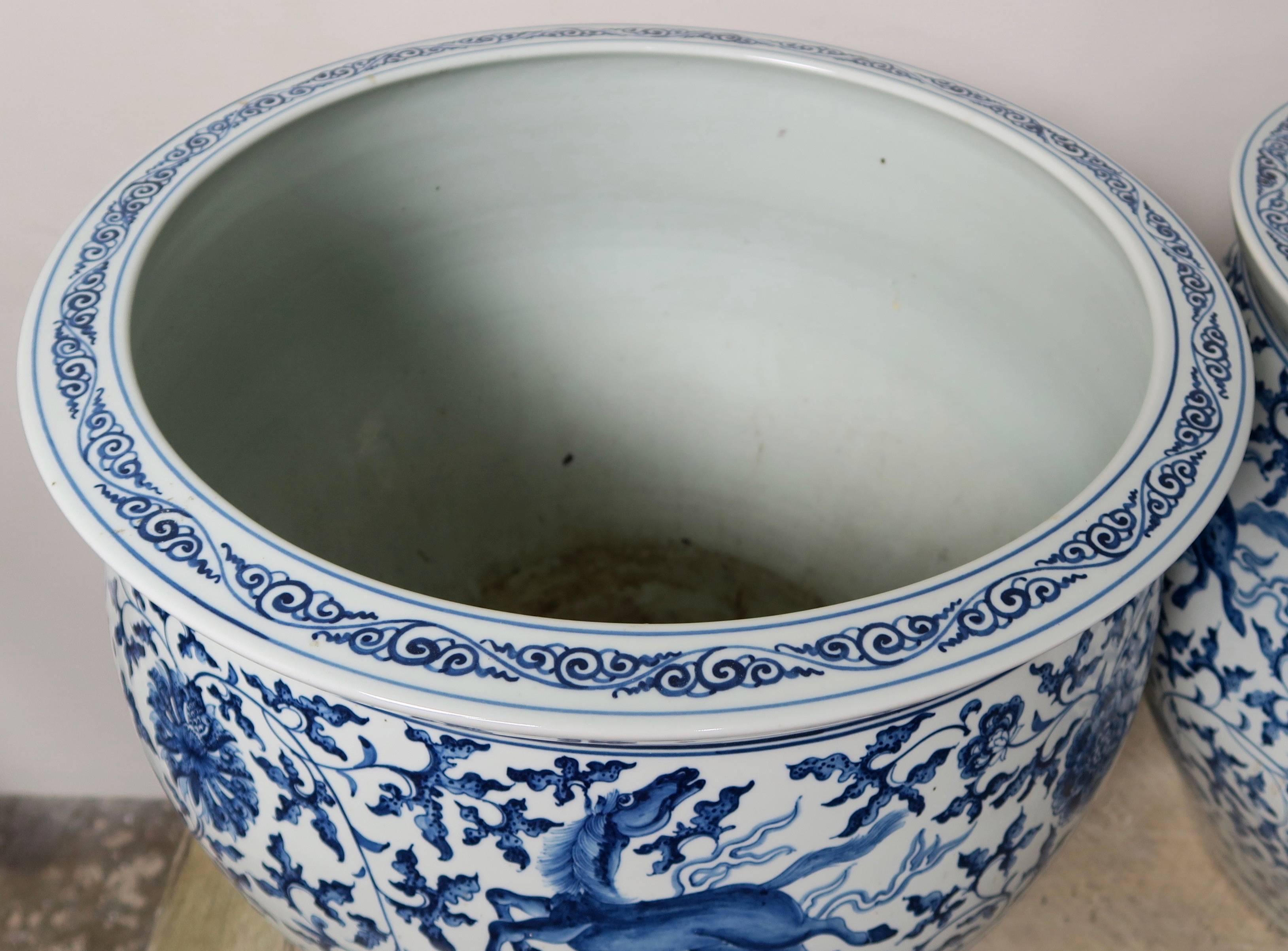Hand-Painted Chinese Porcelain Blue and White Planters, Pair