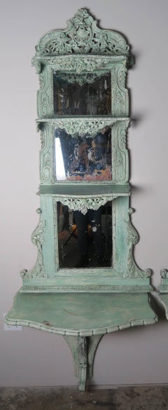 Italian Carved Painted Rococo Style Consoles and Mirrors, Pair