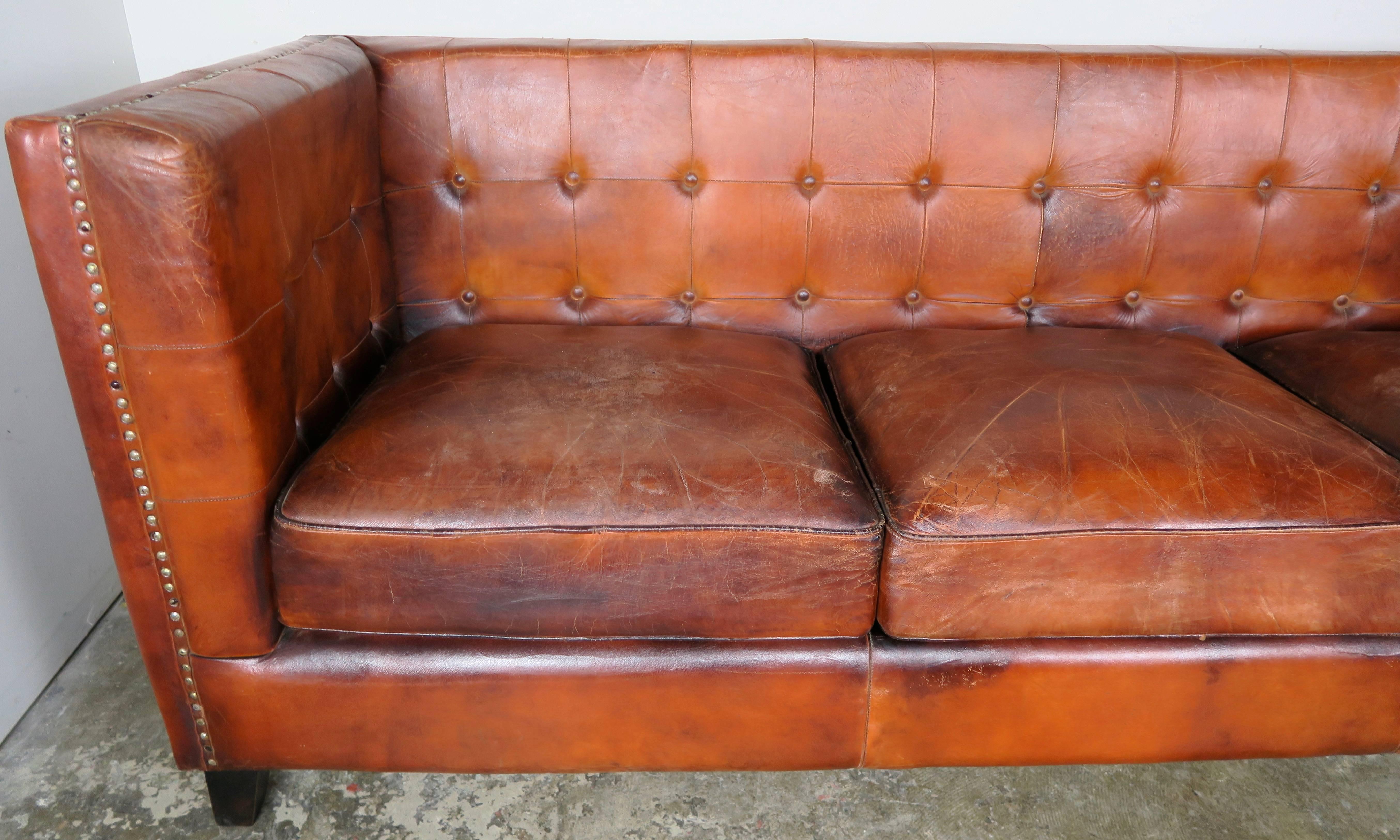 Italian Tabaco Colored Leather Sofa, circa 1950s In Distressed Condition In Los Angeles, CA