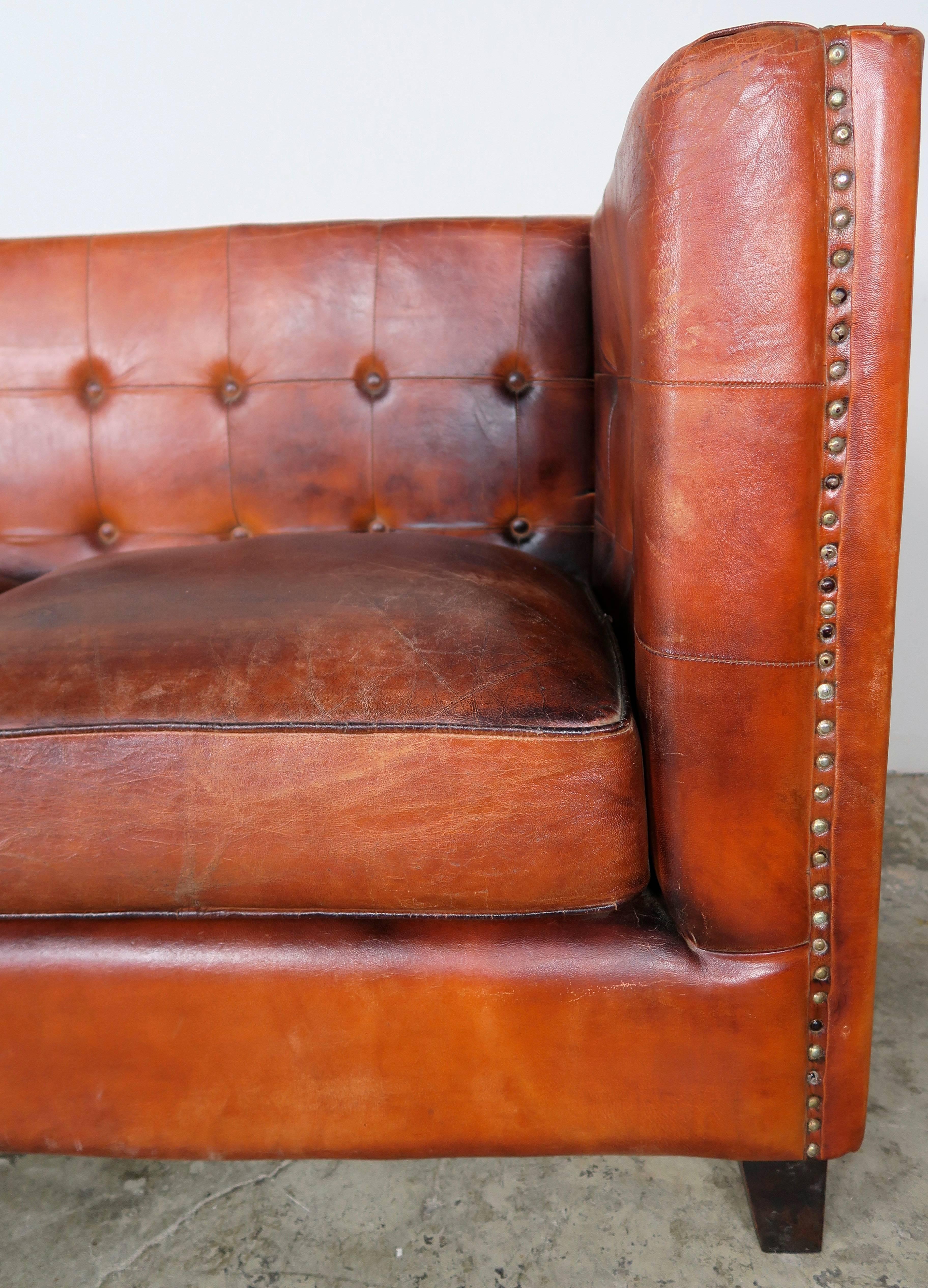 Mid-20th Century Italian Tabaco Colored Leather Sofa, circa 1950s