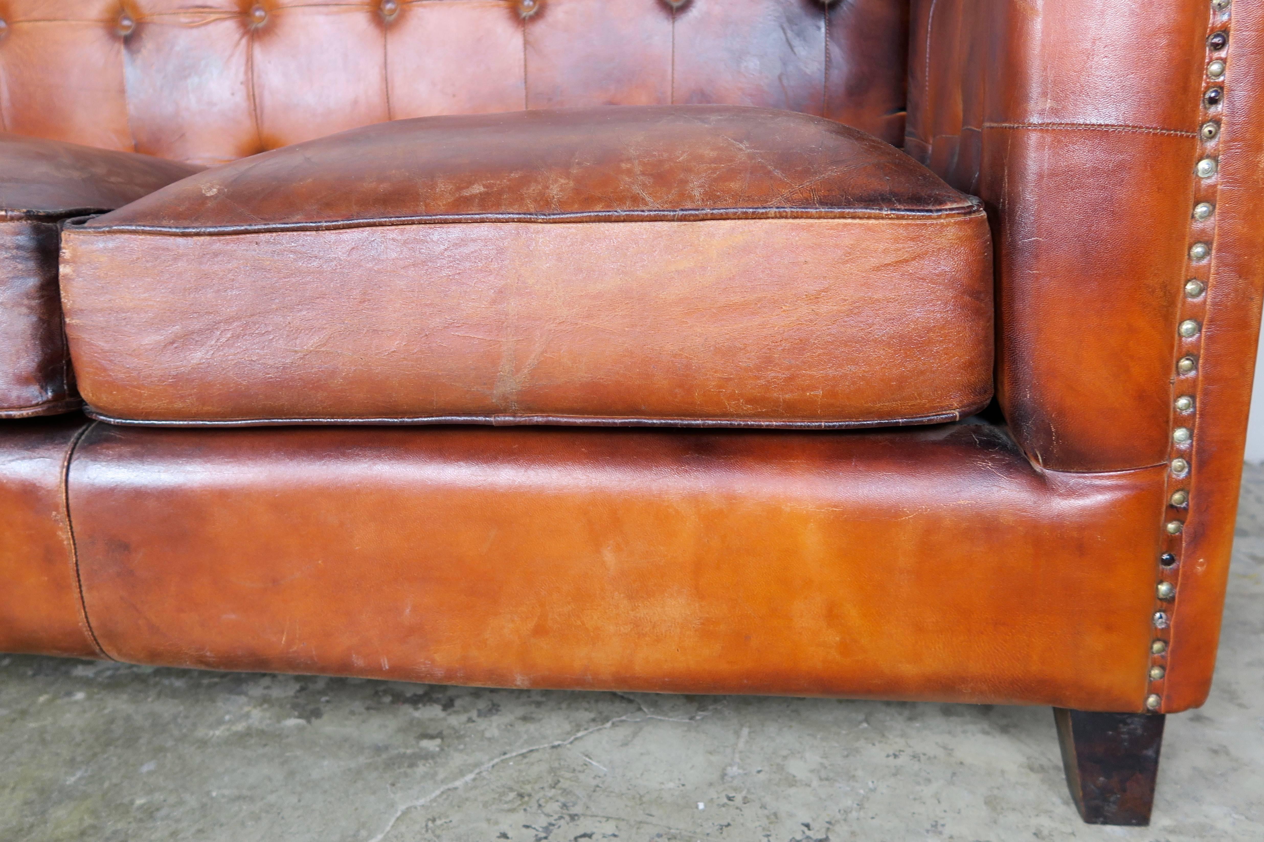 Italian Tabaco Colored Leather Sofa, circa 1950s 1