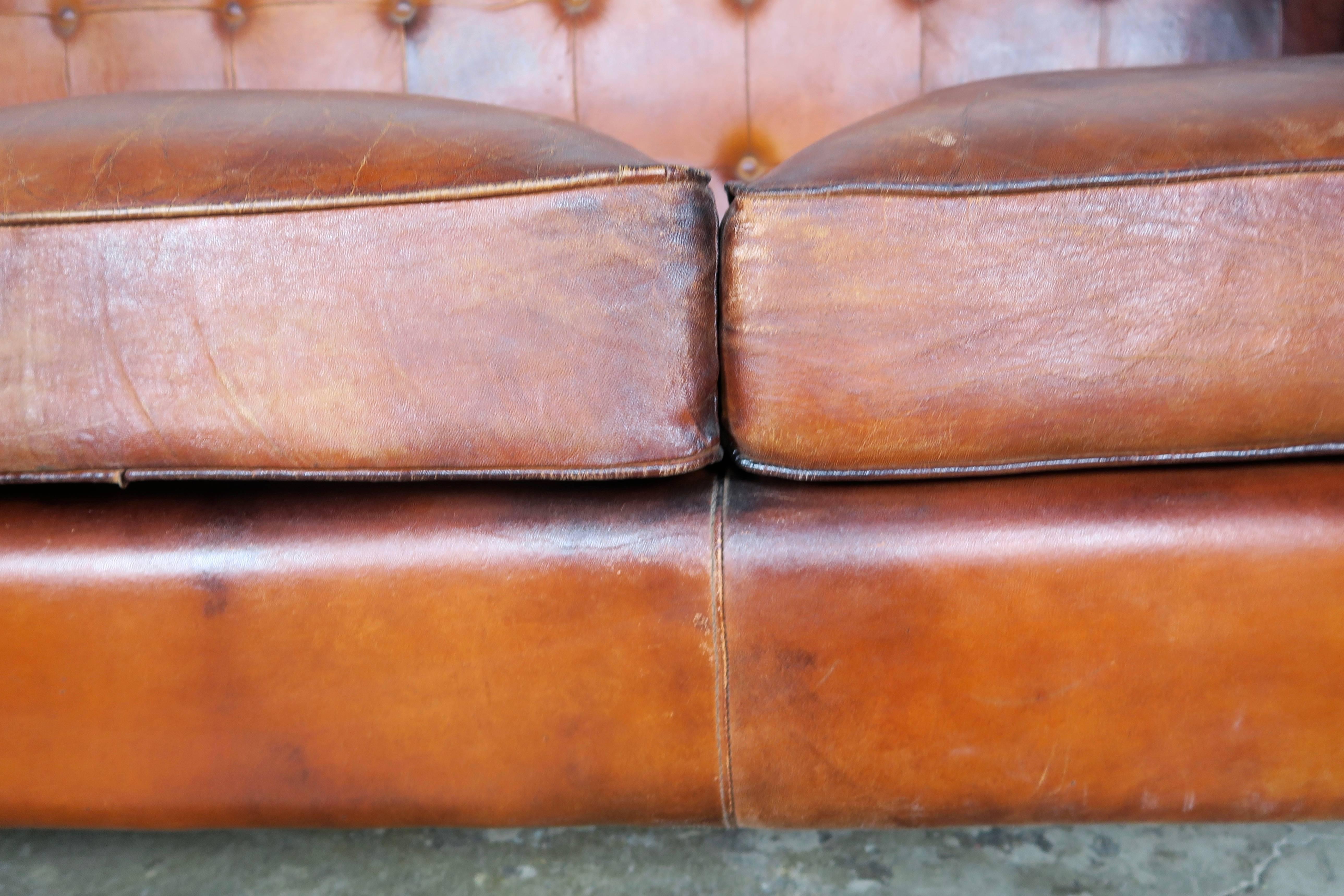 Italian Tabaco Colored Leather Sofa, circa 1950s 3
